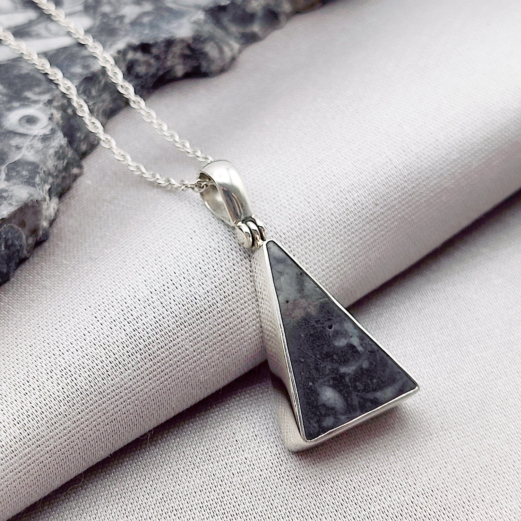 Hepburn and Hughes Fossilised Sea Creatures Pendant | Fossil Necklace | 22mm Triangle | Sterling Silver
