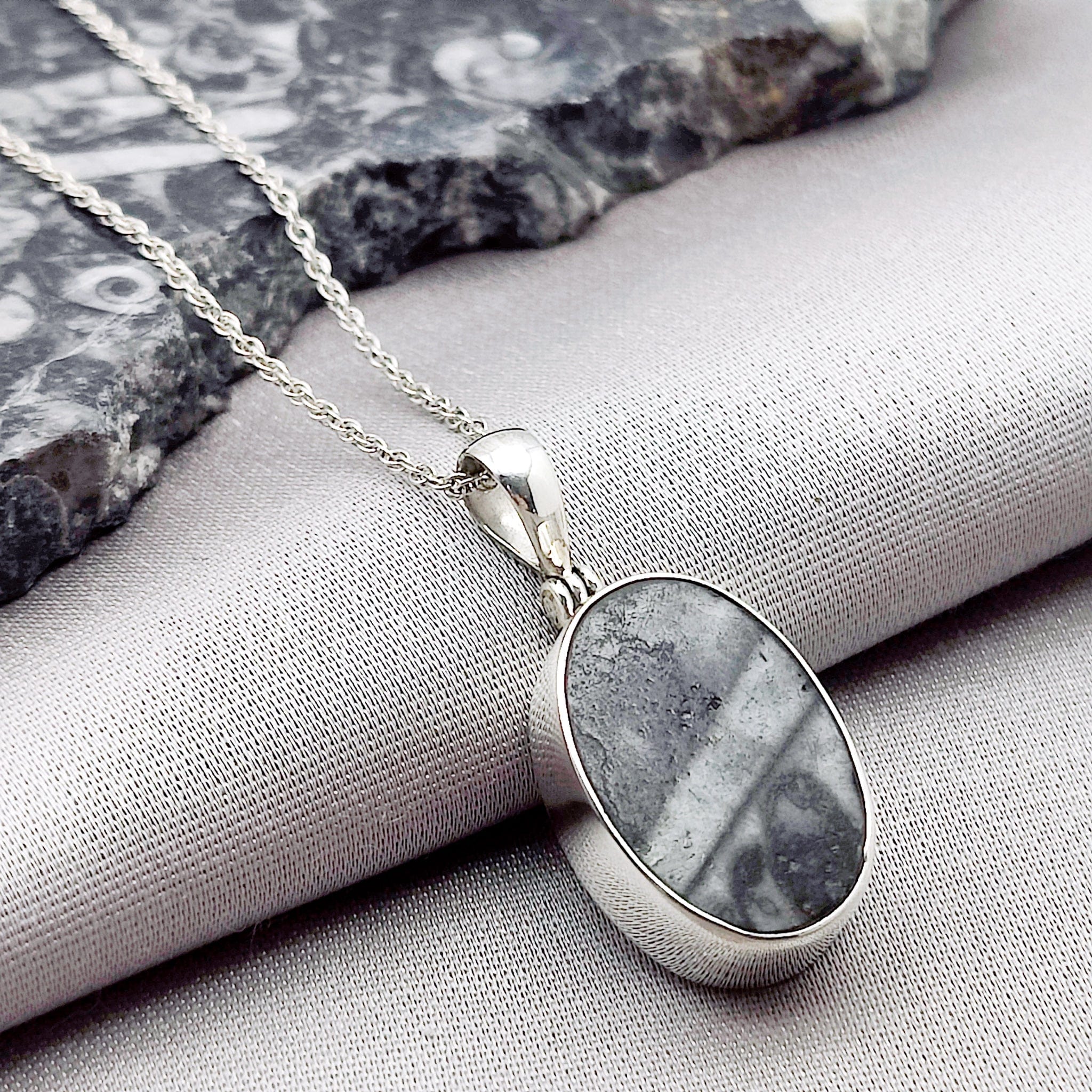 Hepburn and Hughes Fossilised Sea Creatures Pendant | Fossil Necklace | 23mm Oval | Sterling Silver