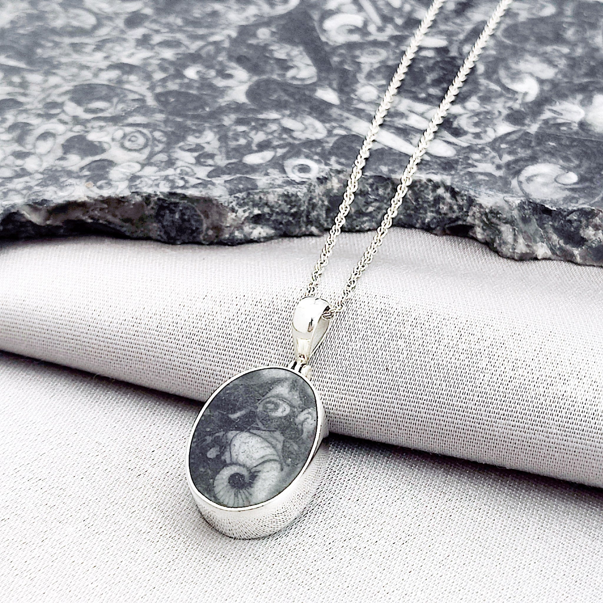 Hepburn and Hughes Fossilised Sea Creatures Pendant | Fossil Necklace | 23mm Oval | Sterling Silver