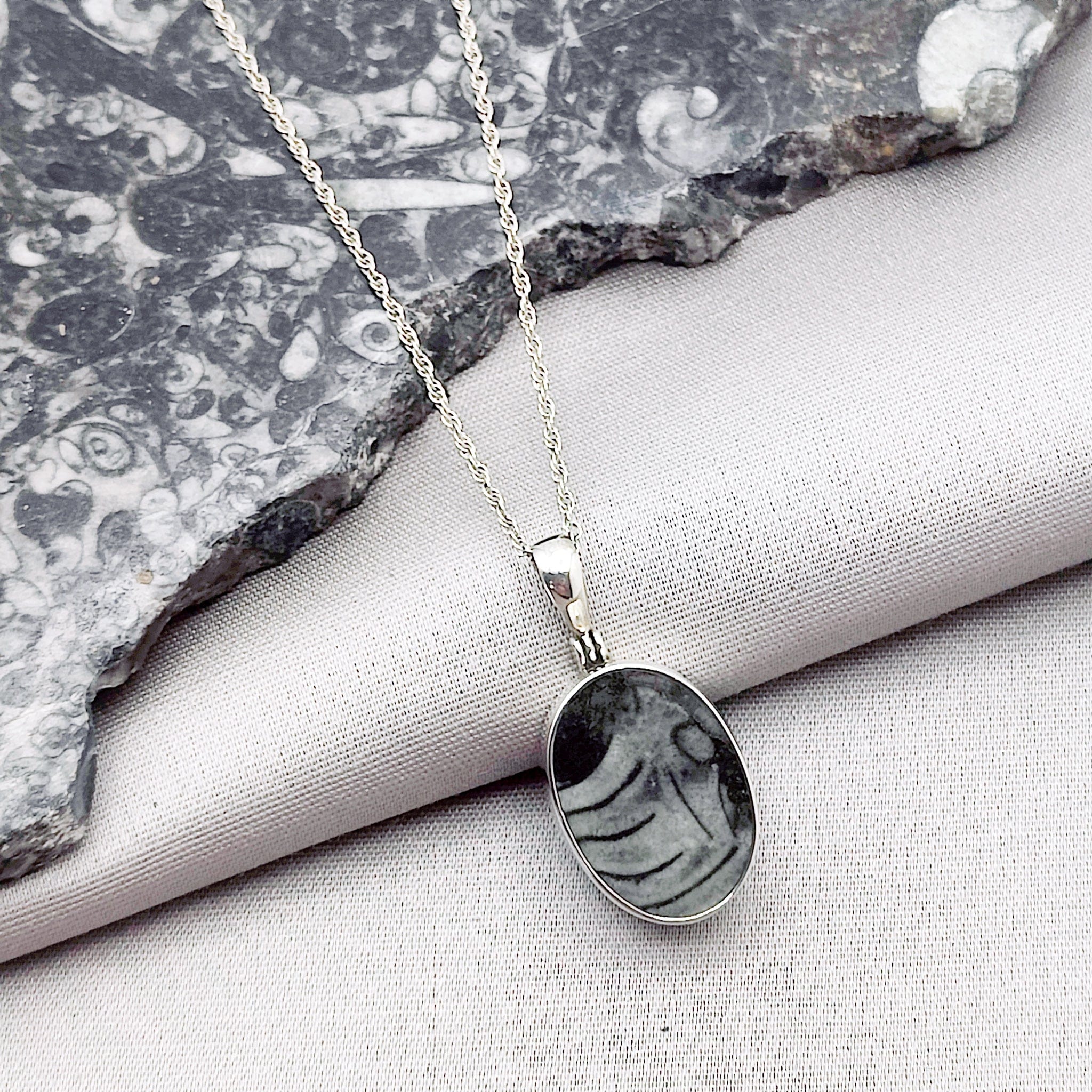 Hepburn and Hughes Fossilised Sea Creatures Pendant | Fossil Necklace | 23mm Oval | Sterling Silver