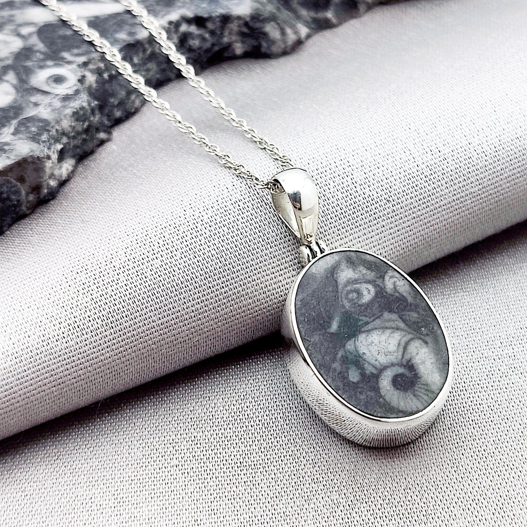 Hepburn and Hughes Fossilised Sea Creatures Pendant | Fossil Necklace | 23mm Oval | Sterling Silver