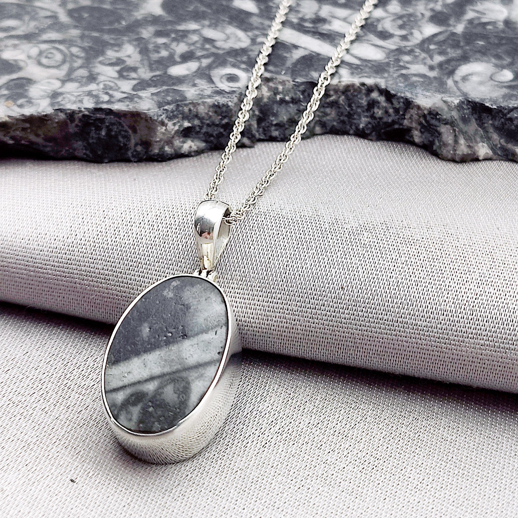 Hepburn and Hughes Fossilised Sea Creatures Pendant | Fossil Necklace | 23mm Oval | Sterling Silver