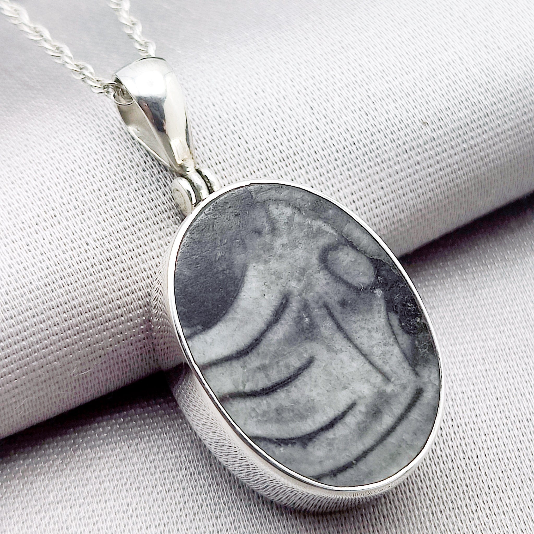 Hepburn and Hughes Fossilised Sea Creatures Pendant | Fossil Necklace | 23mm Oval | Sterling Silver