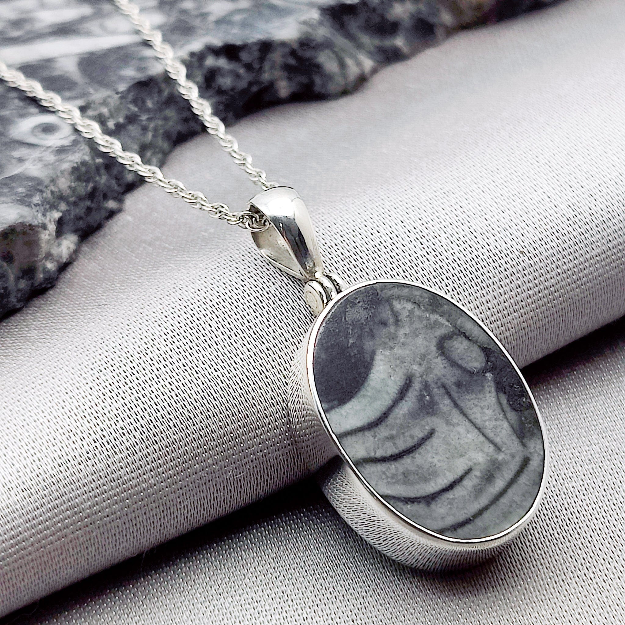 Hepburn and Hughes Fossilised Sea Creatures Pendant | Fossil Necklace | 23mm Oval | Sterling Silver