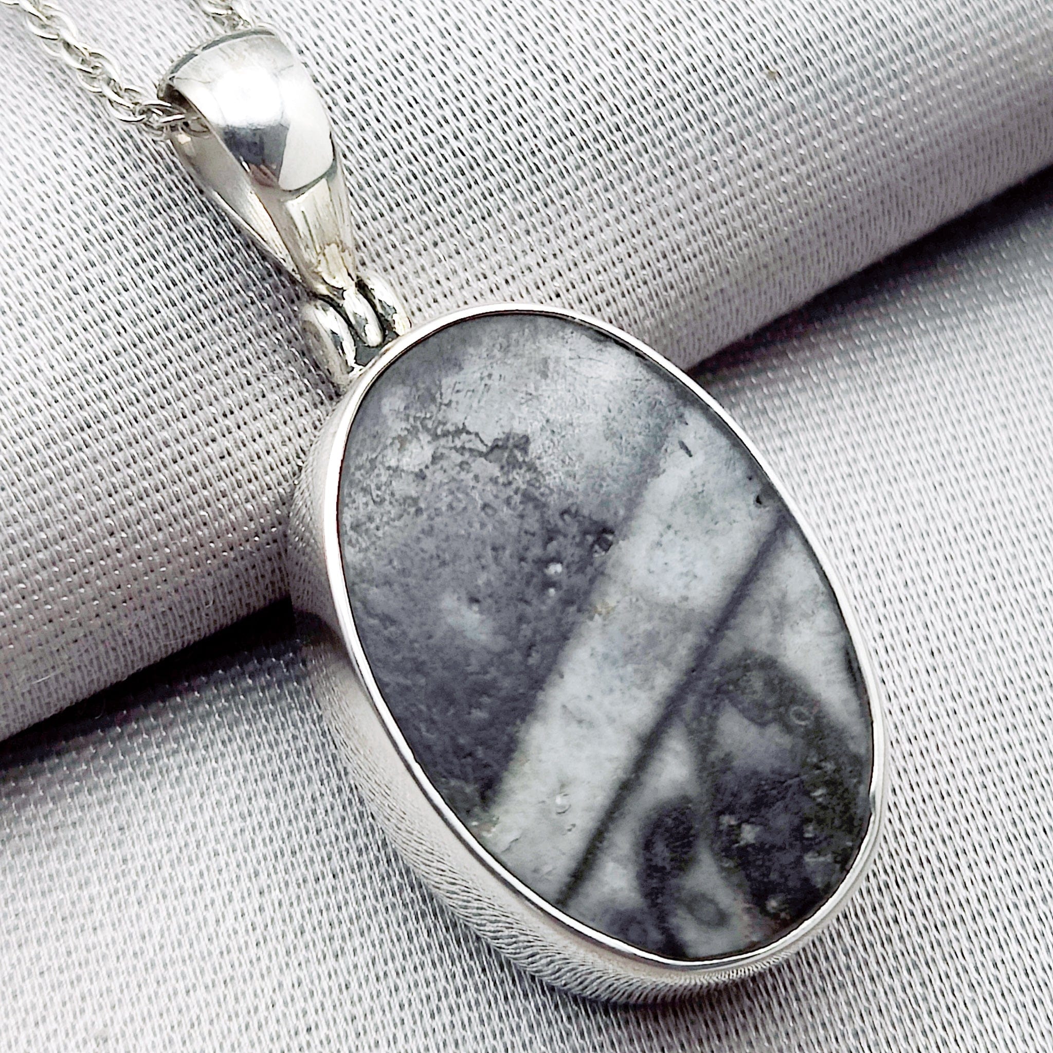 Hepburn and Hughes Fossilised Sea Creatures Pendant | Fossil Necklace | 23mm Oval | Sterling Silver