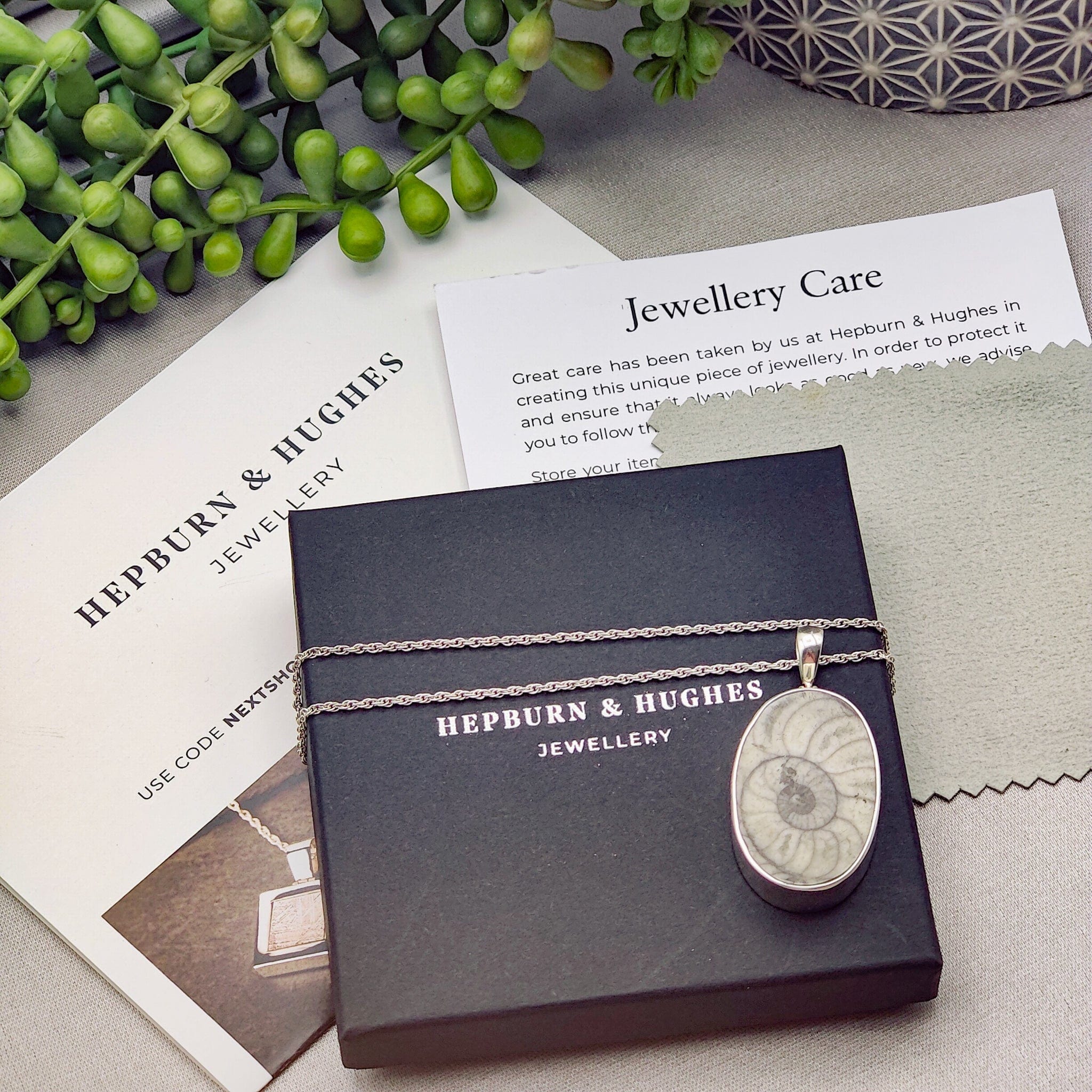 Hepburn and Hughes Fossilised Sea Creatures Pendant | Fossil Necklace | 30mm Oval | Sterling Silver