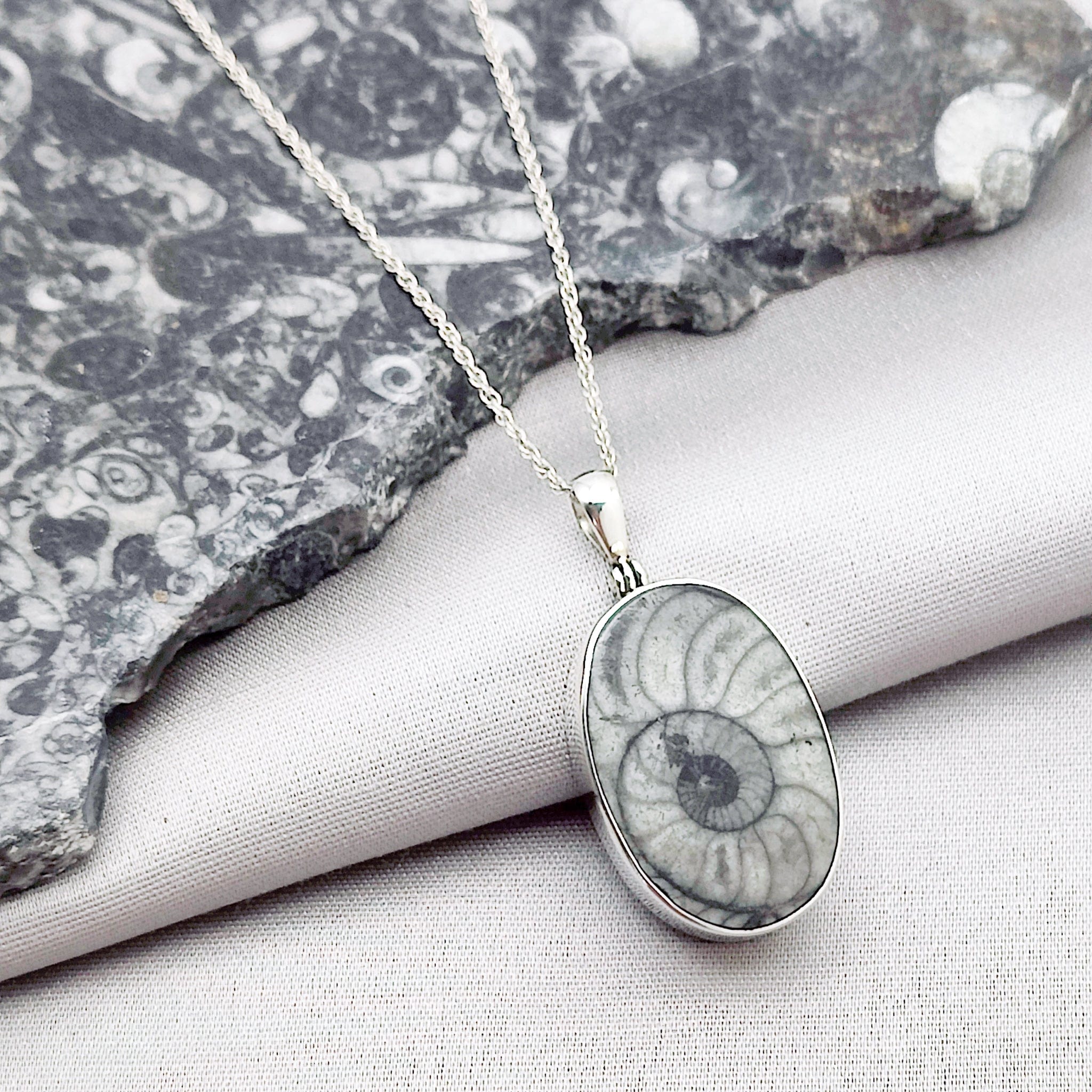 Hepburn and Hughes Fossilised Sea Creatures Pendant | Fossil Necklace | 30mm Oval | Sterling Silver
