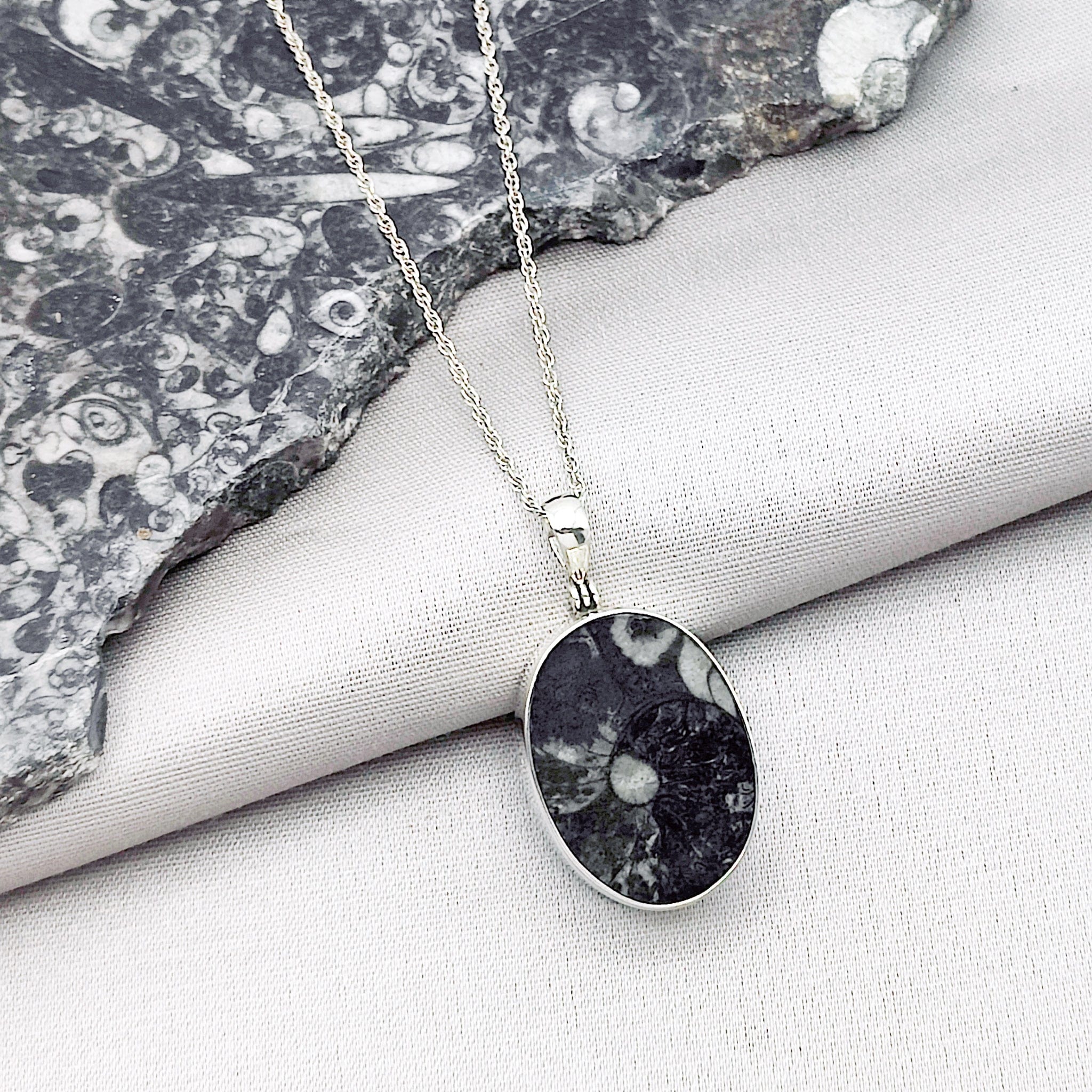 Hepburn and Hughes Fossilised Sea Creatures Pendant | Fossil Necklace | 30mm Oval | Sterling Silver