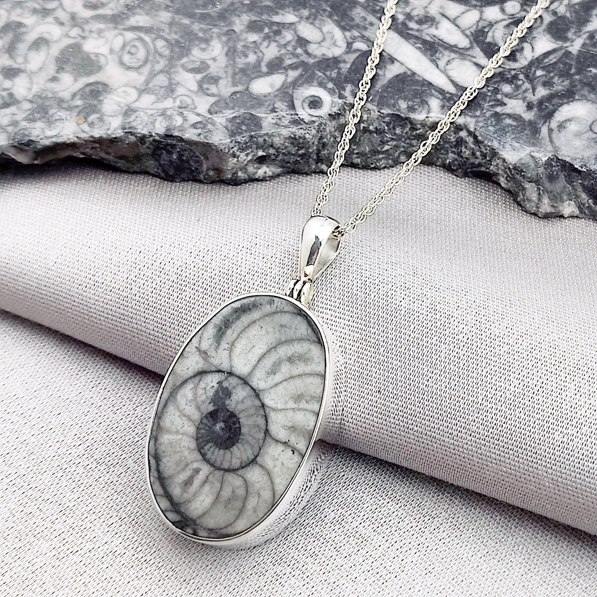 Hepburn and Hughes Fossilised Sea Creatures Pendant | Fossil Necklace | 30mm Oval | Sterling Silver