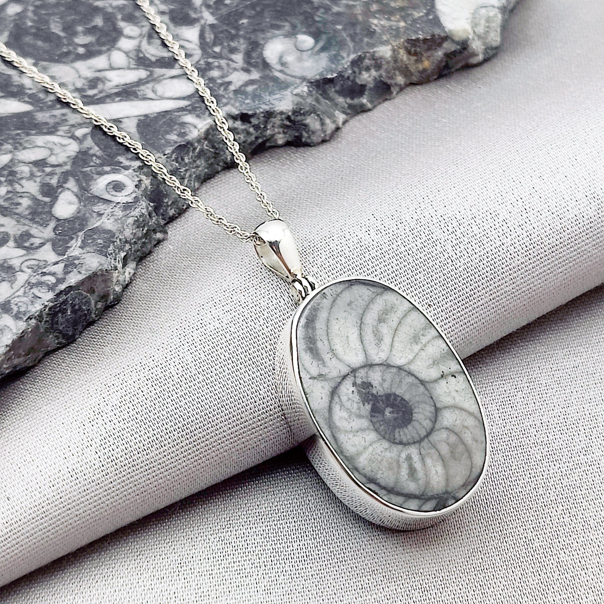Hepburn and Hughes Fossilised Sea Creatures Pendant | Fossil Necklace | 30mm Oval | Sterling Silver