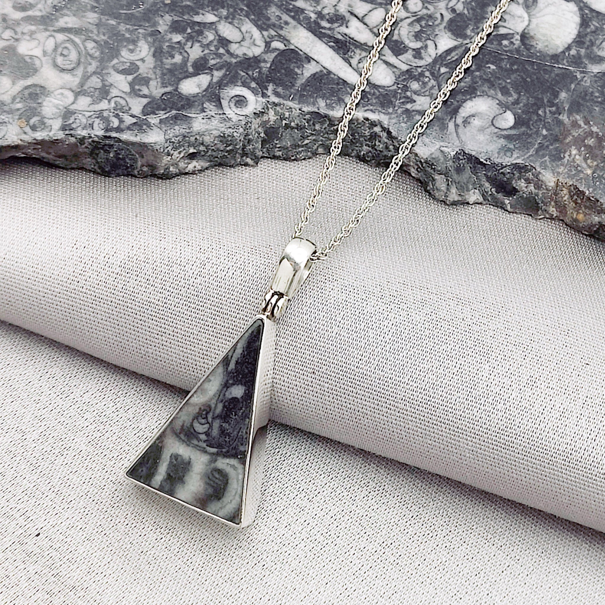 Hepburn and Hughes Fossilised Sea Creatures Pendant | Fossil Necklace | Triangle | Sterling Silver