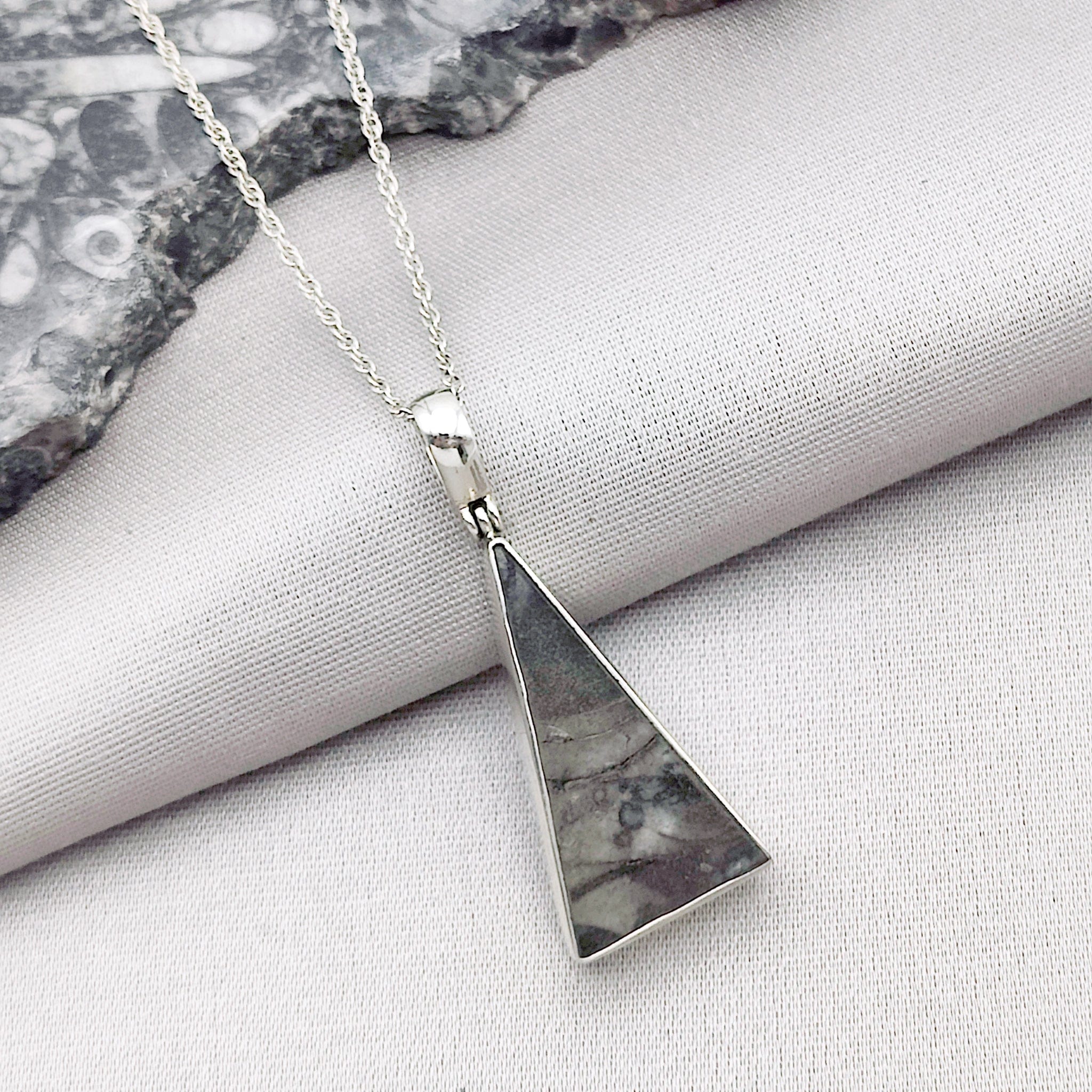 Hepburn and Hughes Fossilised Sea Creatures Pendant | Fossil Necklace | Triangle | Sterling Silver