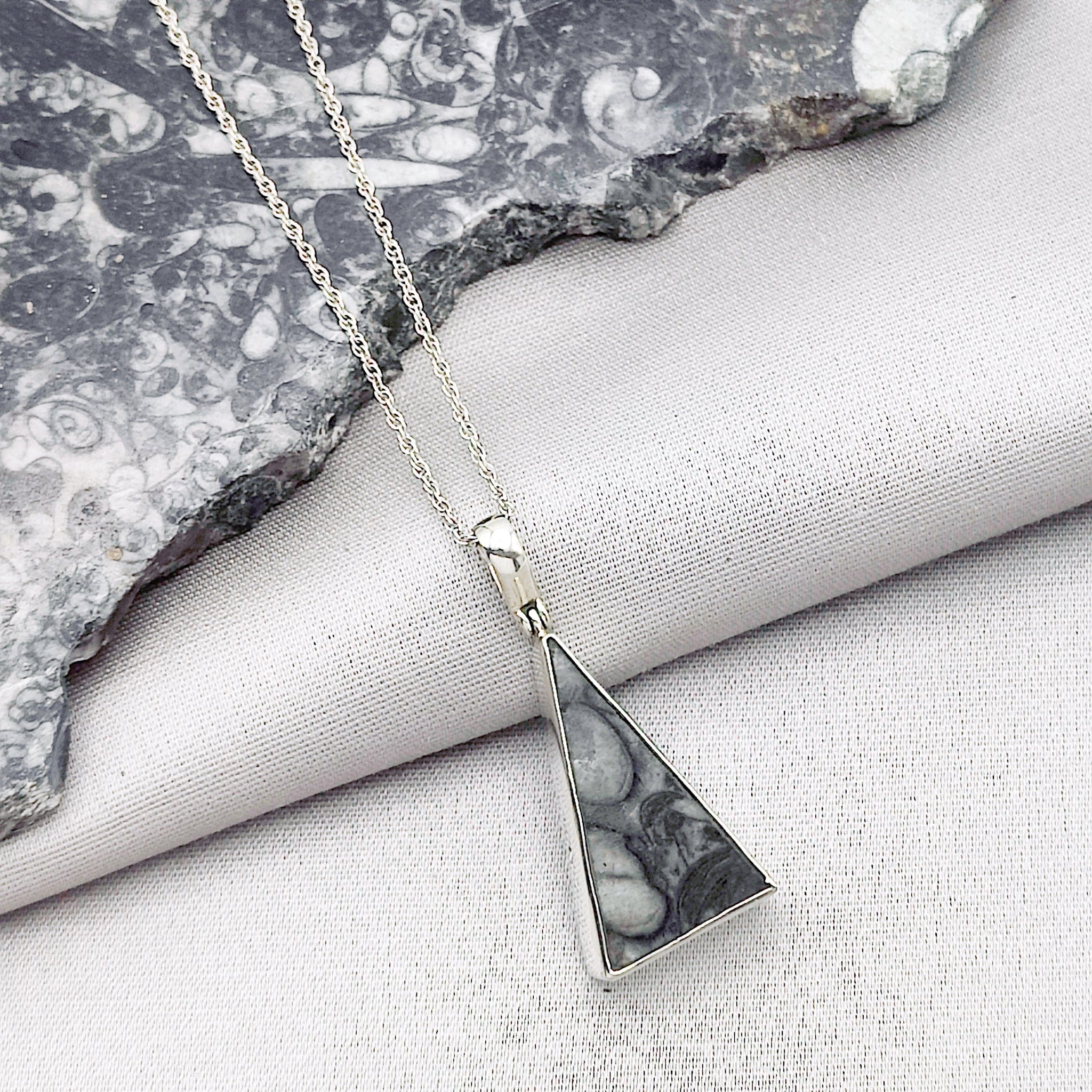 Hepburn and Hughes Fossilised Sea Creatures Pendant | Fossil Necklace | Triangle | Sterling Silver