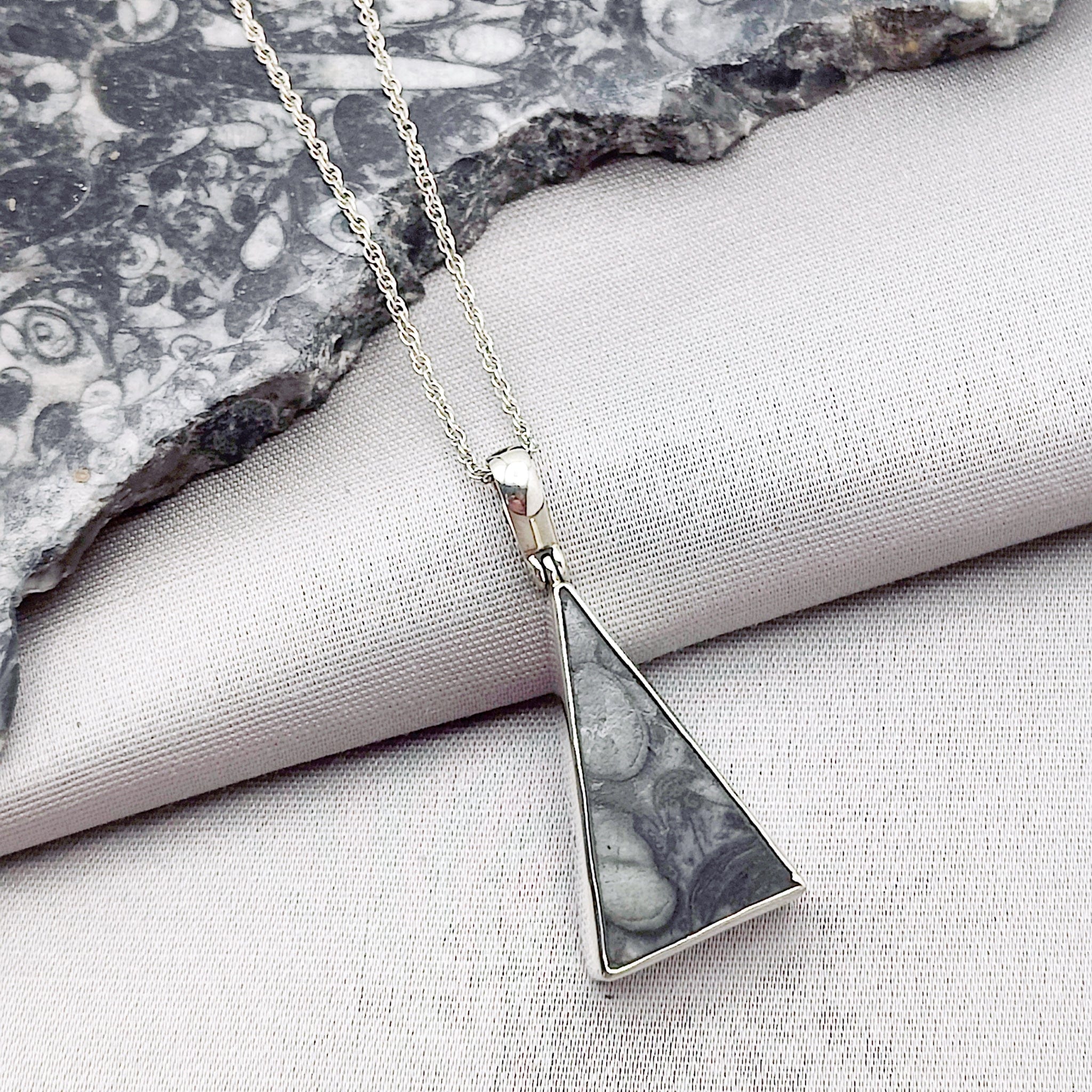 Hepburn and Hughes Fossilised Sea Creatures Pendant | Fossil Necklace | Triangle | Sterling Silver