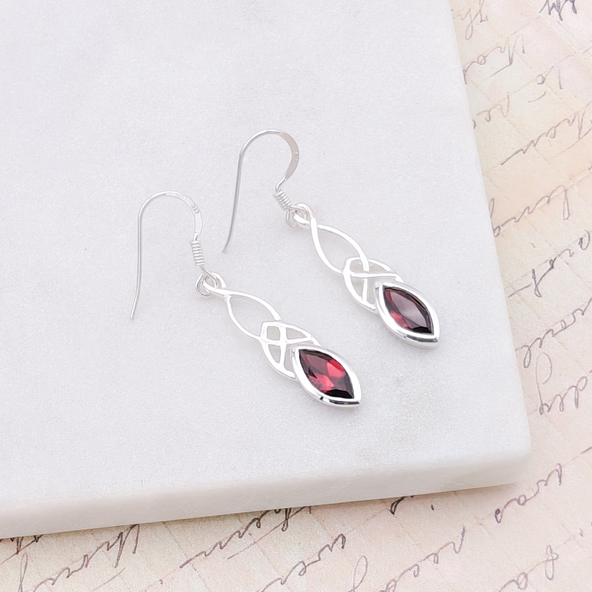 Hepburn and Hughes Garnet Gemstone Earrings | Celtic Oval | Capricorn Gift | Sterling Silver