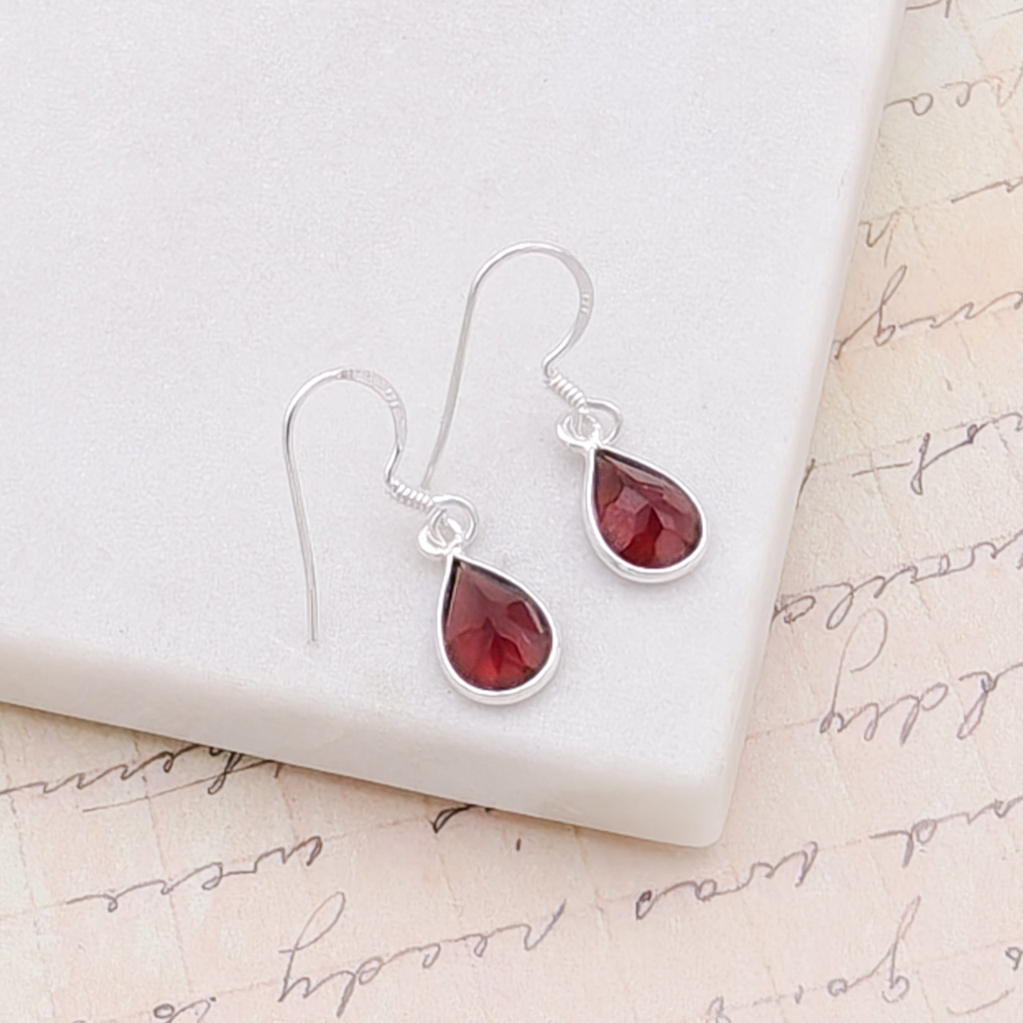 Hepburn and Hughes Garnet Gemstone Earrings | Teardrop | January Gift | Sterling Silver