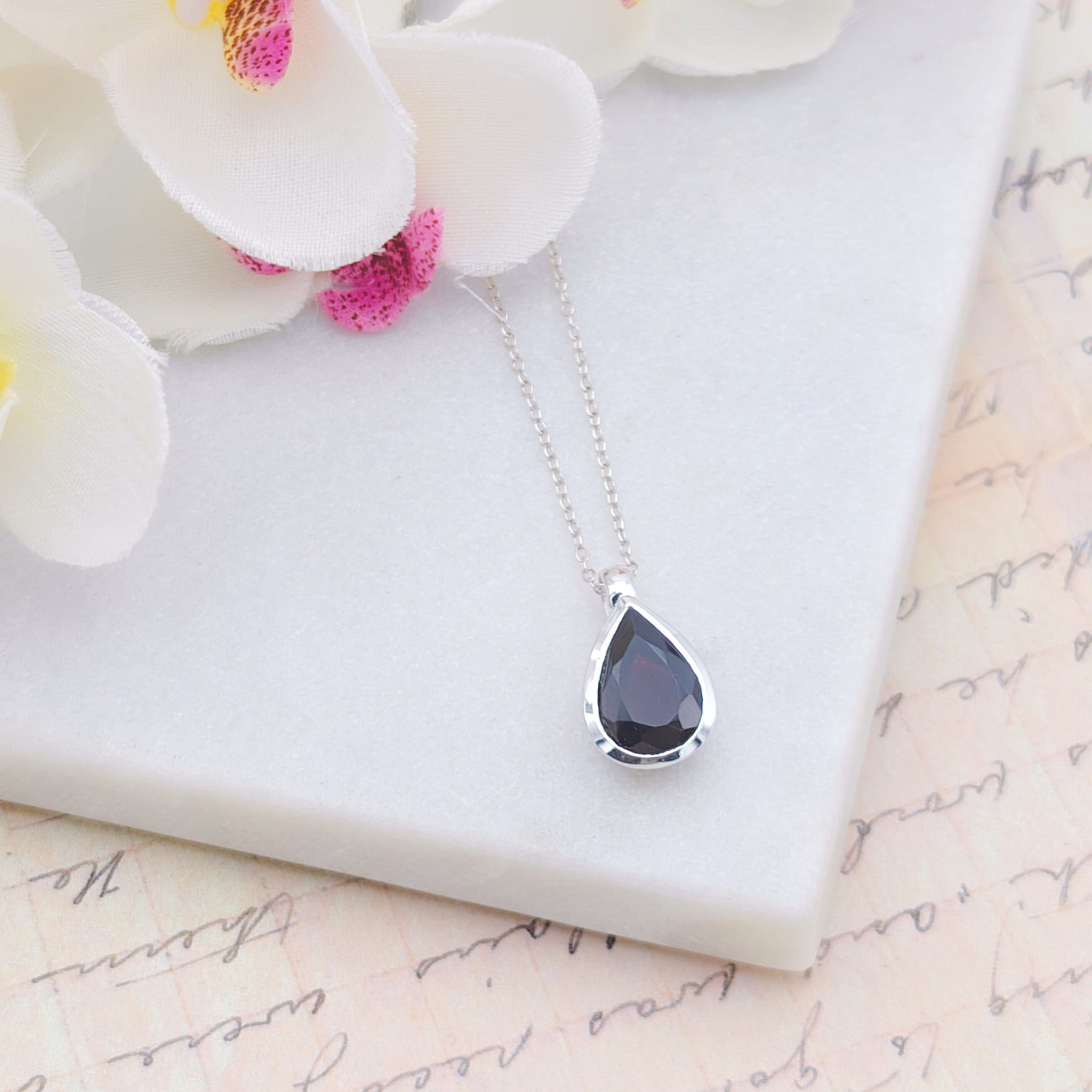 Hepburn and Hughes Garnet Gemstone Pendant | Faceted Teardrop Stone | January Birthstone | Sterling Silver