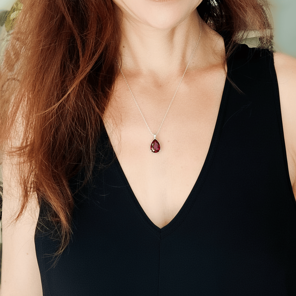 Hepburn and Hughes Garnet Gemstone Pendant | Faceted Teardrop Stone | January Birthstone | Sterling Silver