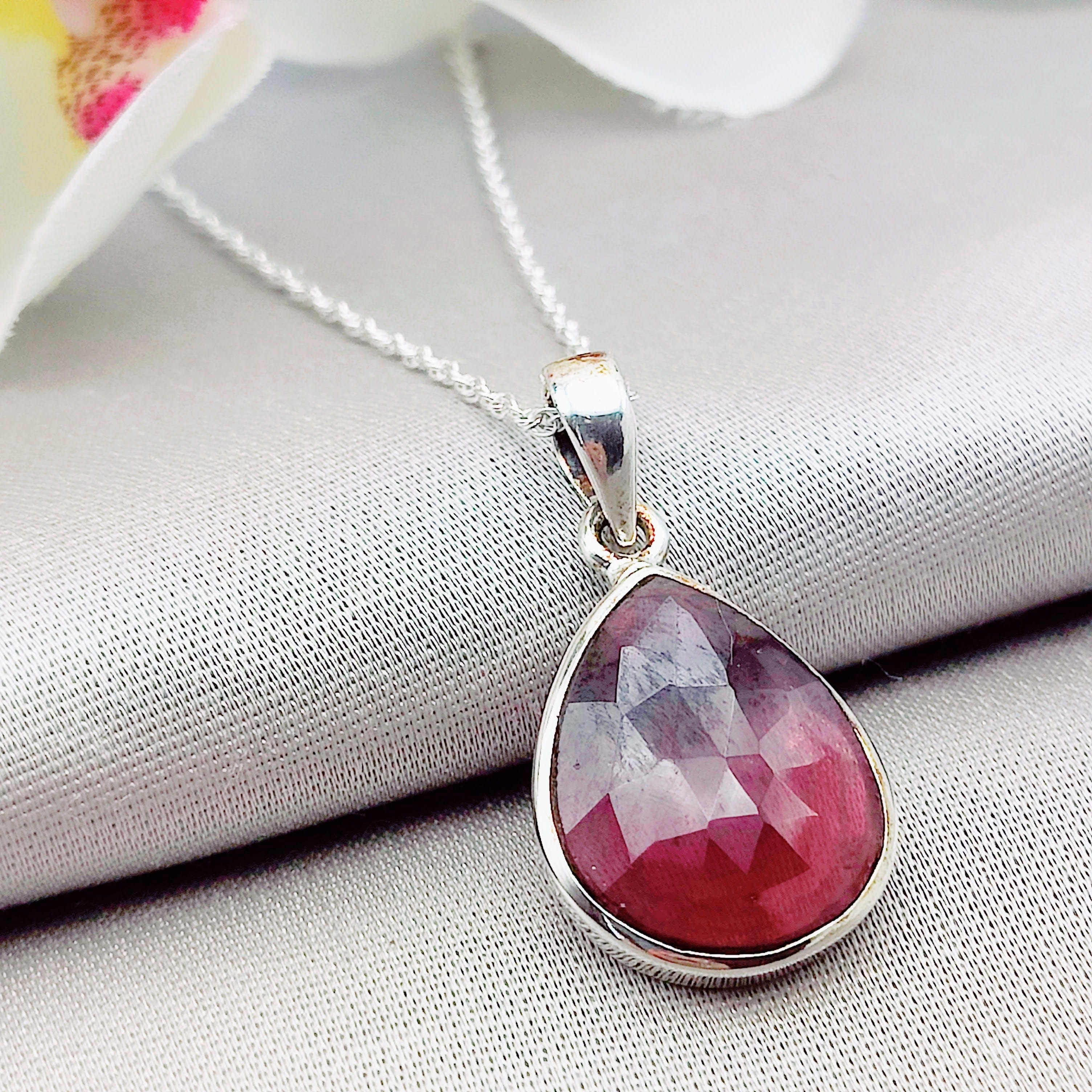 Hepburn and Hughes Garnet Gemstone Pendant | Teardrop | January Birthstone | Sterling Silver