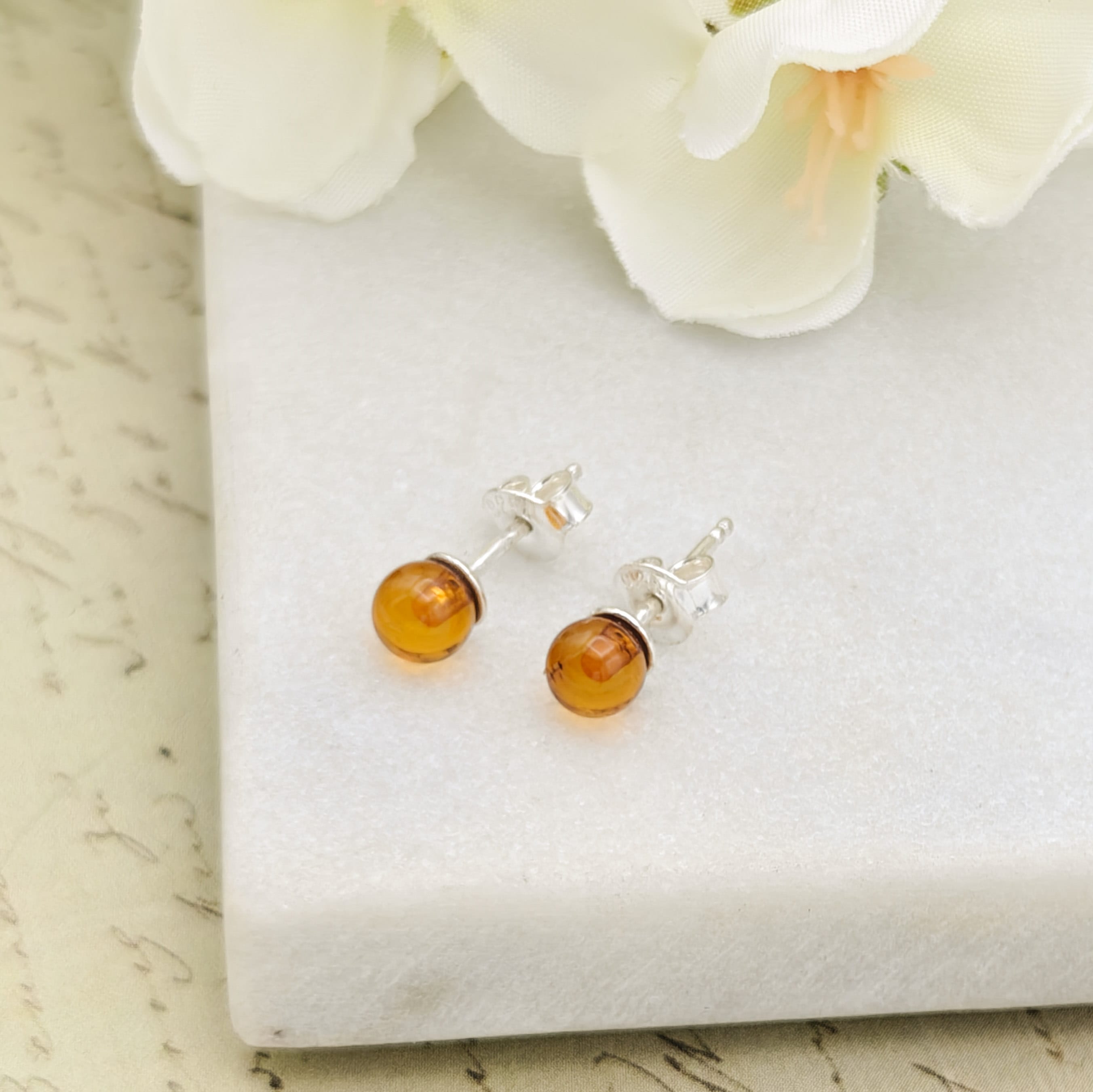 Hepburn and Hughes Genuine Baltic Amber Earrings | November Gift | Studs | Sterling Silver