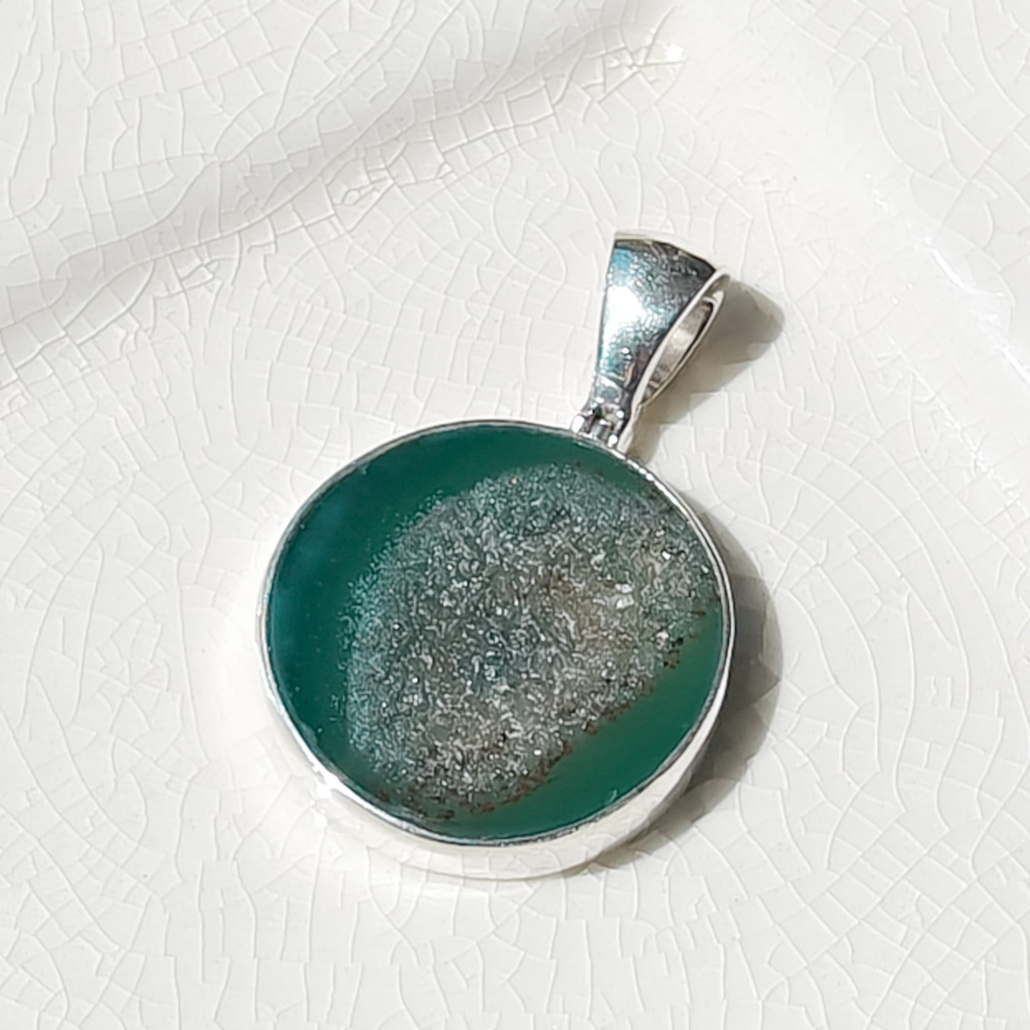 Hepburn and Hughes Green Agate Pendant | 25mm Circle | Gemini Gemstone | Sterling Silver