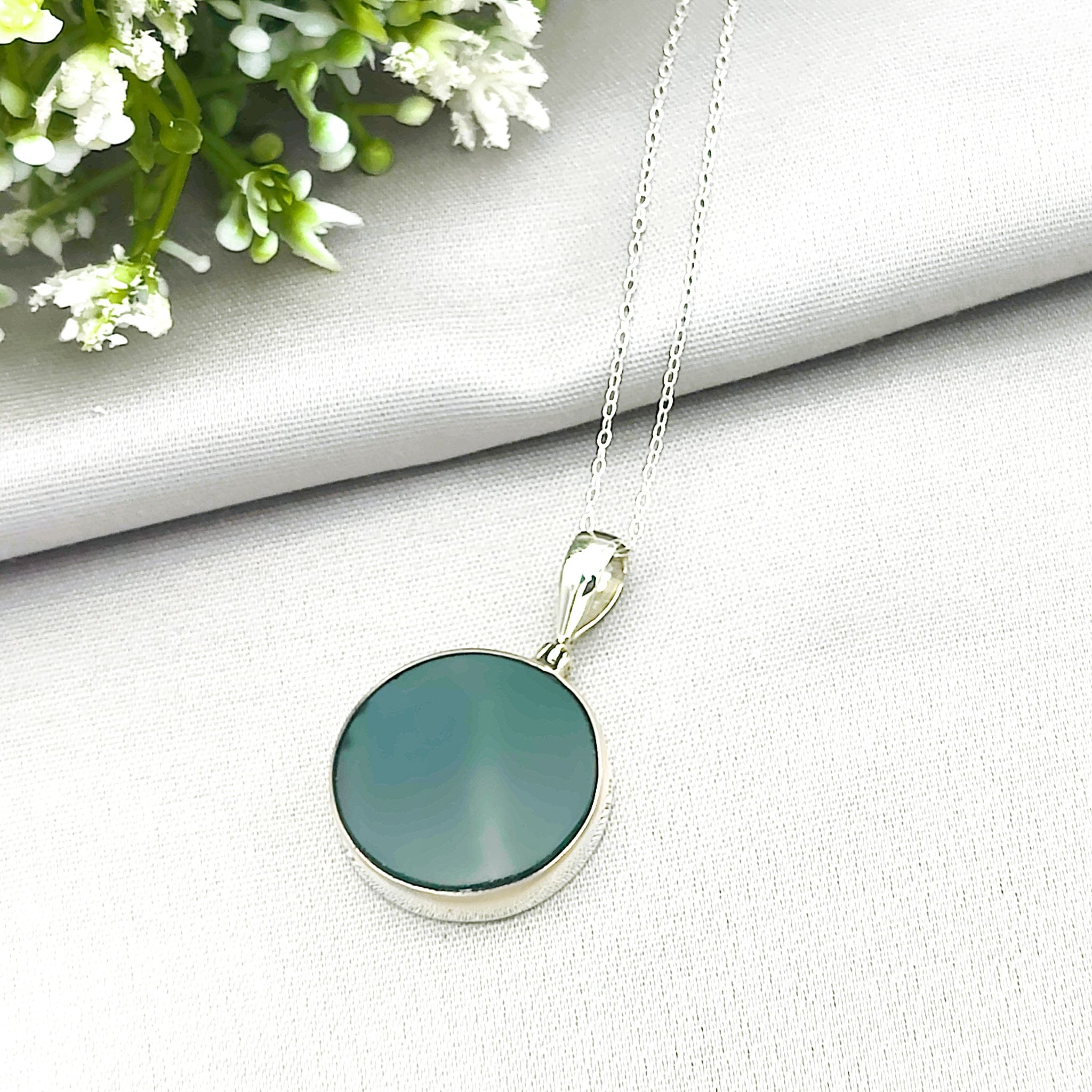 Hepburn and Hughes Green Agate Pendant | 25mm Circle | Gemini Gemstone | Sterling Silver