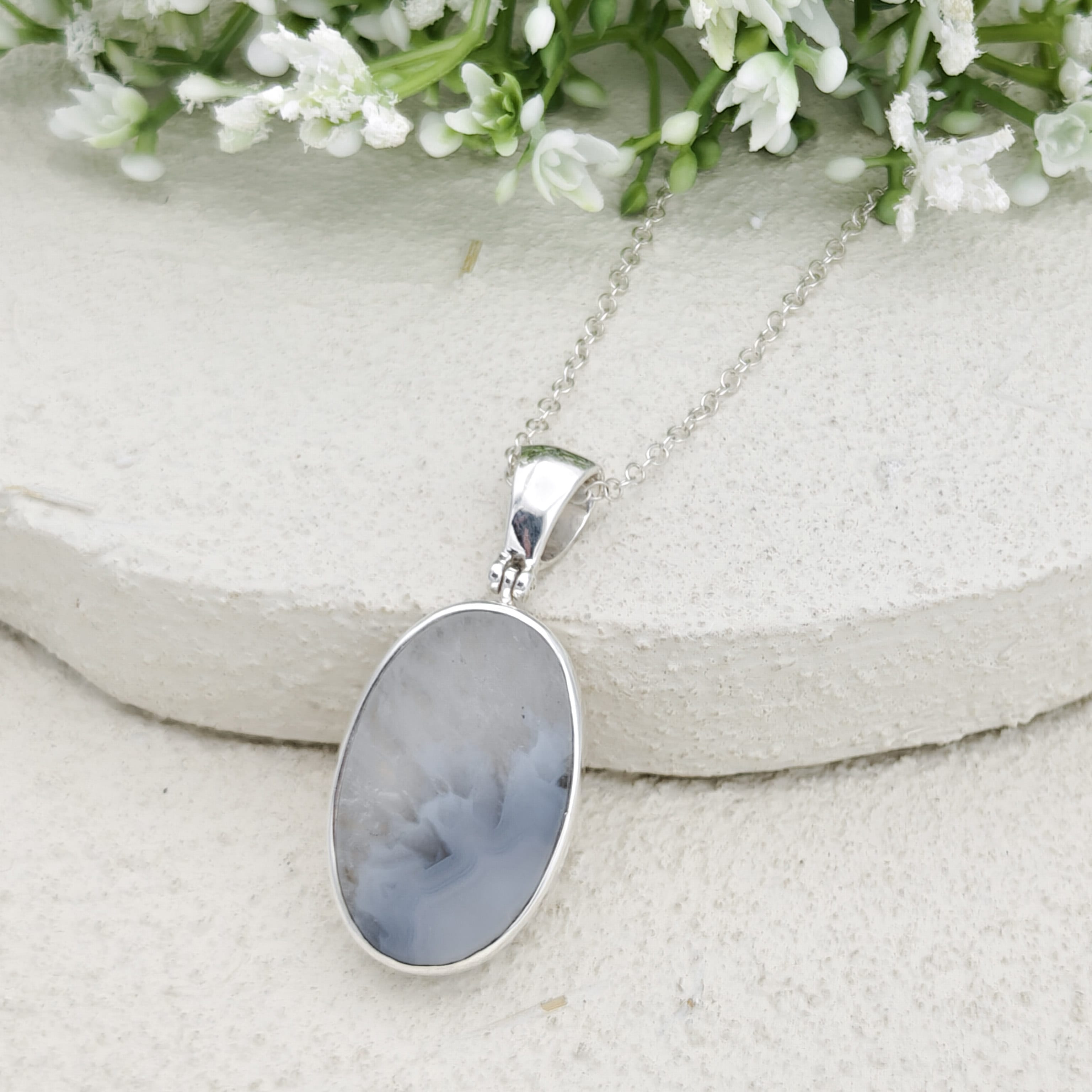 Hepburn and Hughes Grey Natural Agate Pendant in Sterling Silver | May birthstone and Gemini Gift
