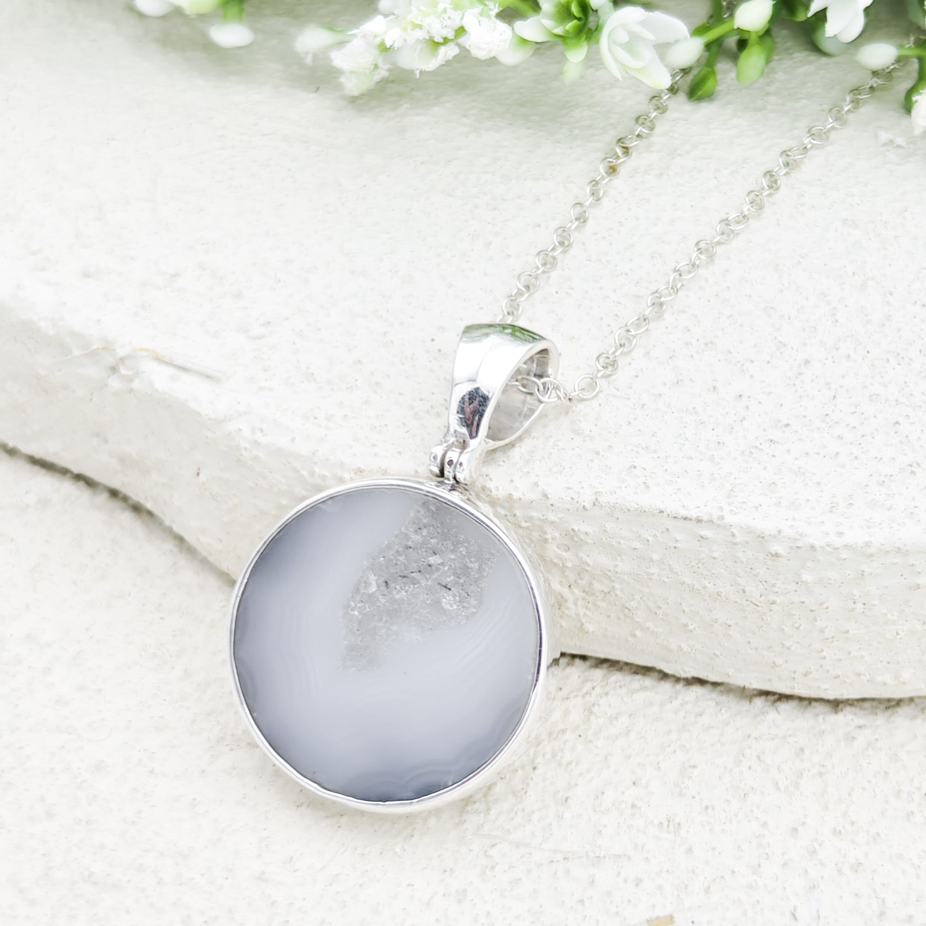 Hepburn and Hughes Grey Natural Agate Pendant in Sterling Silver | May birthstone and Gemini Gift