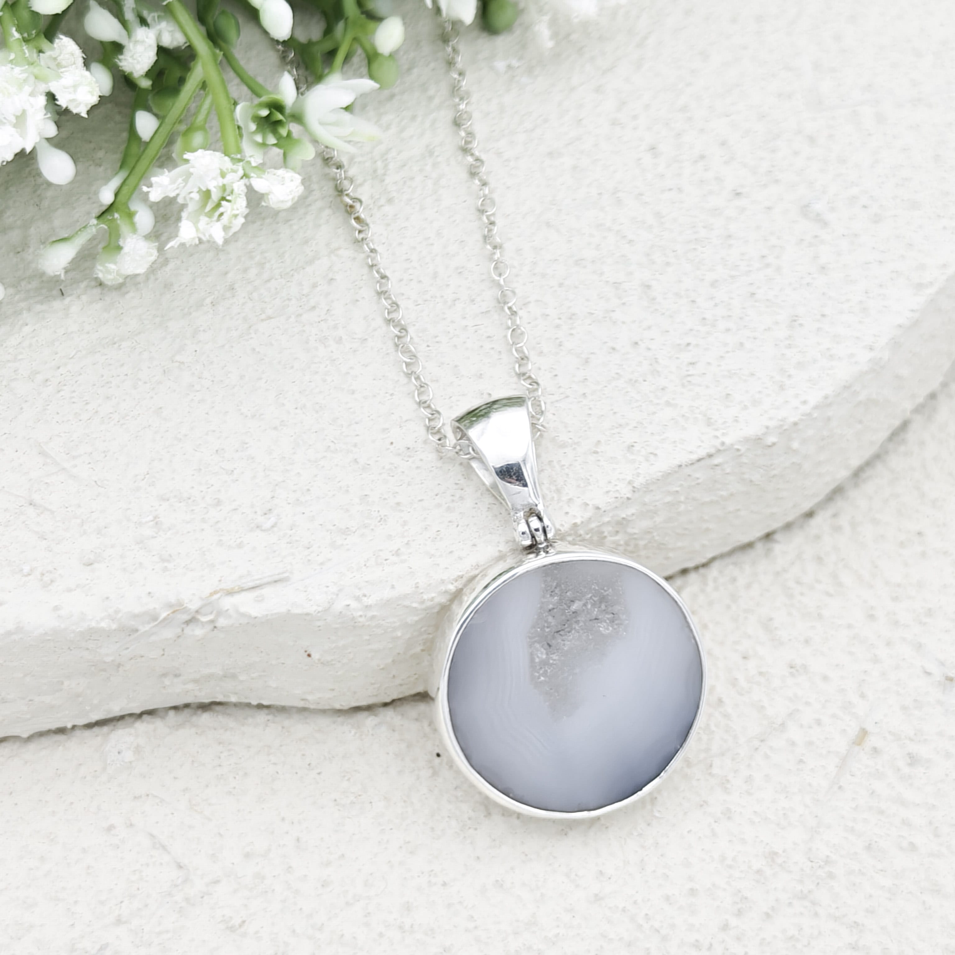 Hepburn and Hughes Grey Natural Agate Pendant in Sterling Silver | May birthstone and Gemini Gift