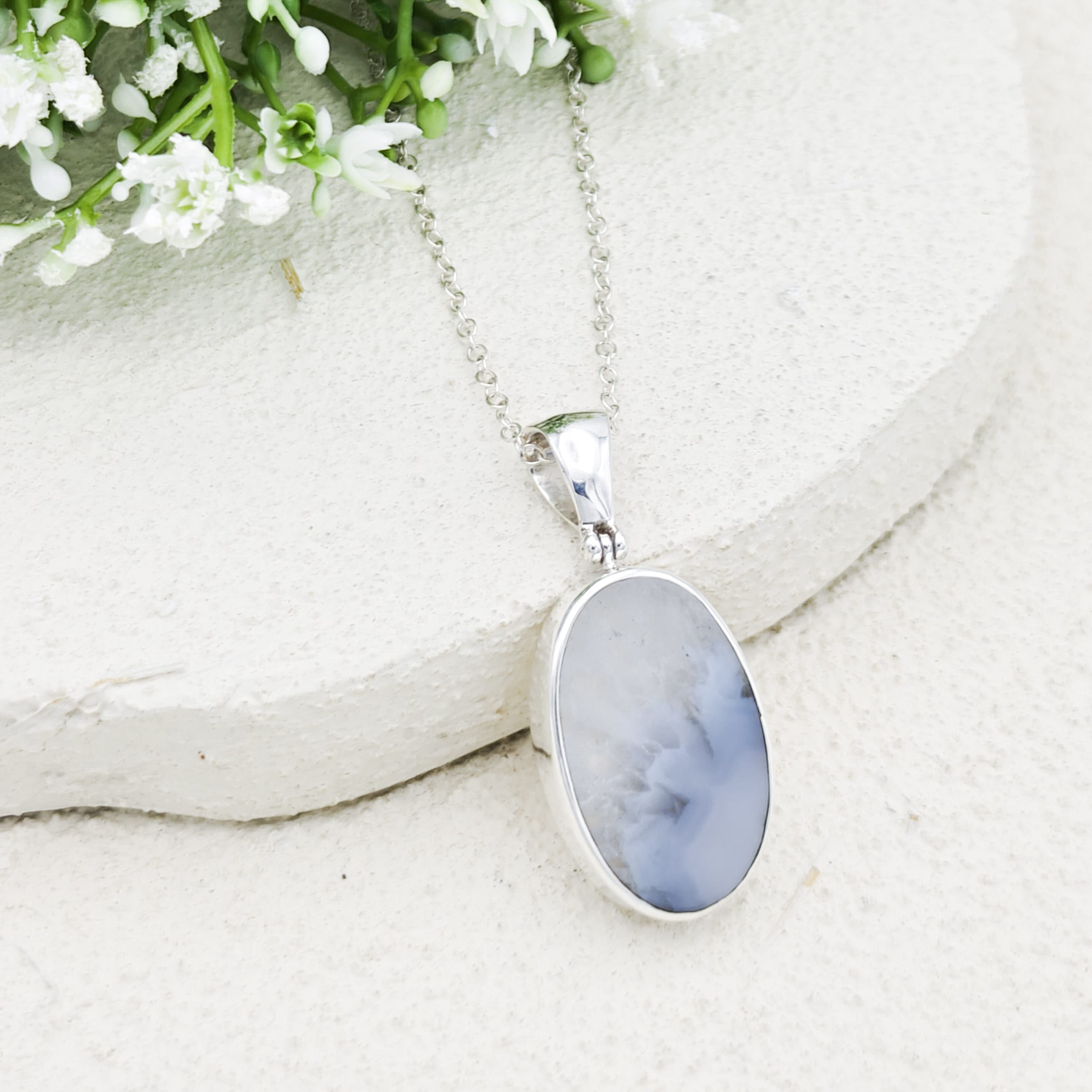 Hepburn and Hughes Grey Natural Agate Pendant in Sterling Silver | May birthstone and Gemini Gift