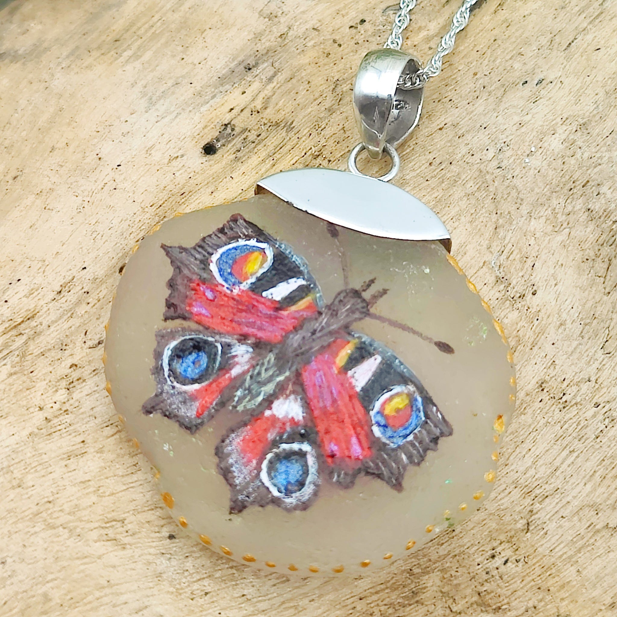 Hepburn and Hughes Hand Painted Sea Glass Pendant | Butterfly | Sterling Silver