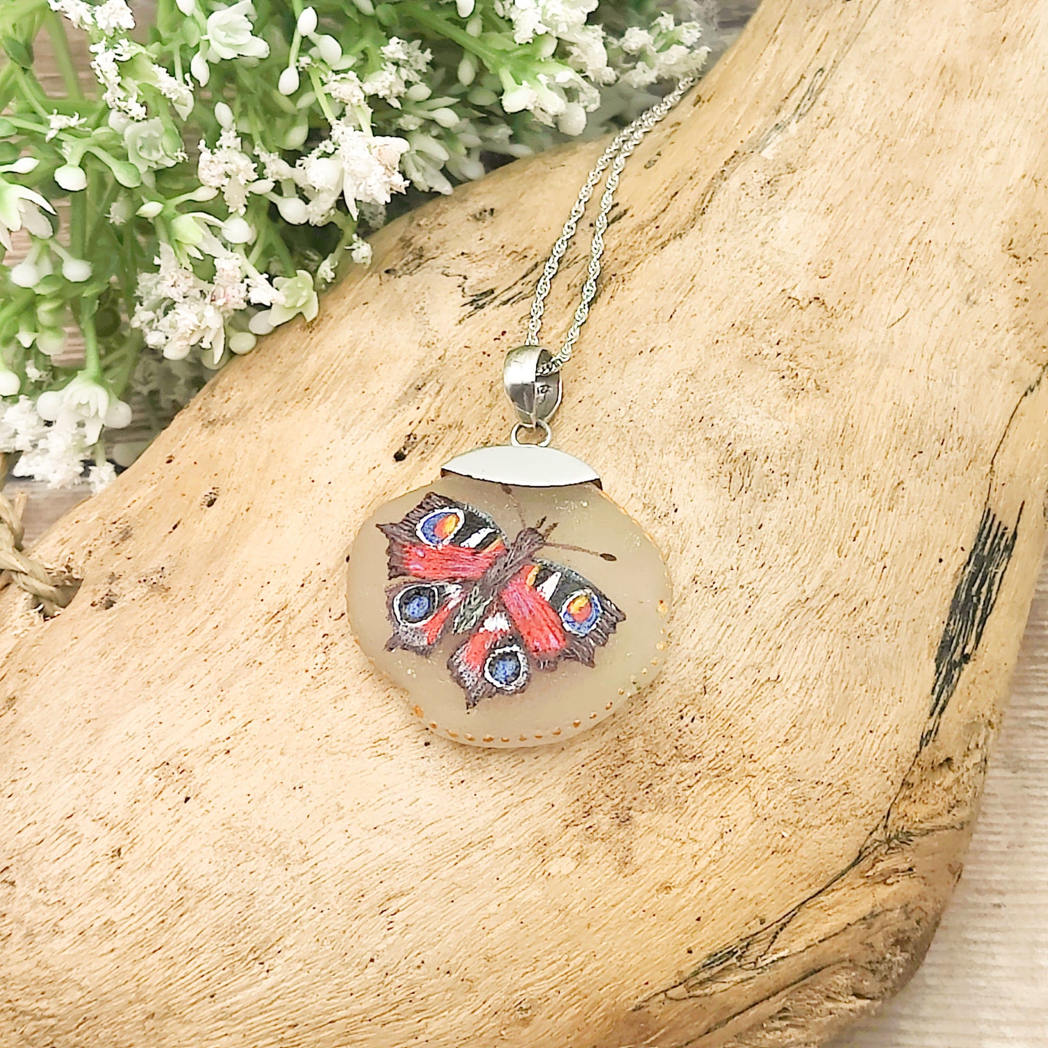 Hepburn and Hughes Hand Painted Sea Glass Pendant | Butterfly | Sterling Silver