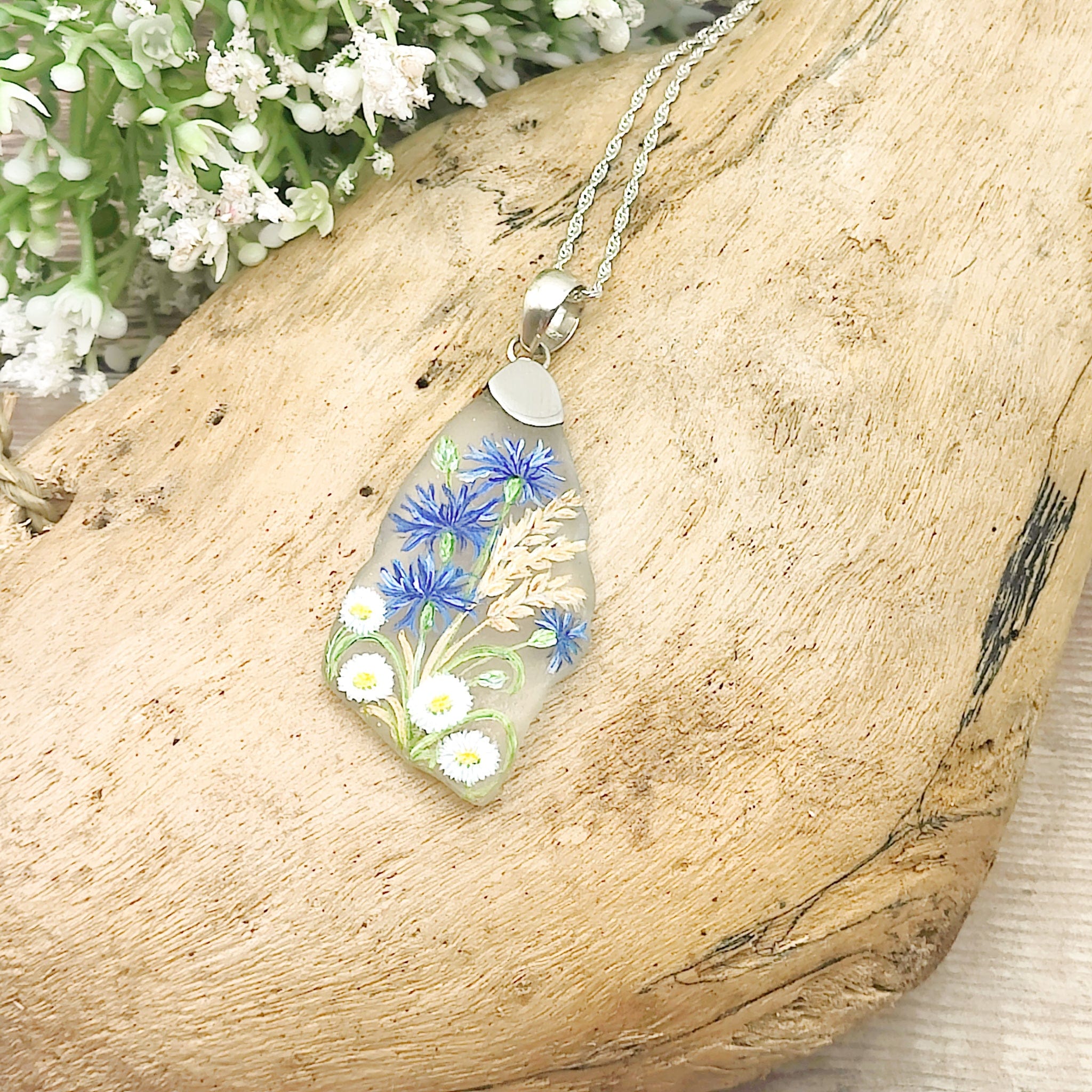 Hepburn and Hughes Hand Painted Sea Glass Pendant | Cornflowers and Daises | Sterling Silver