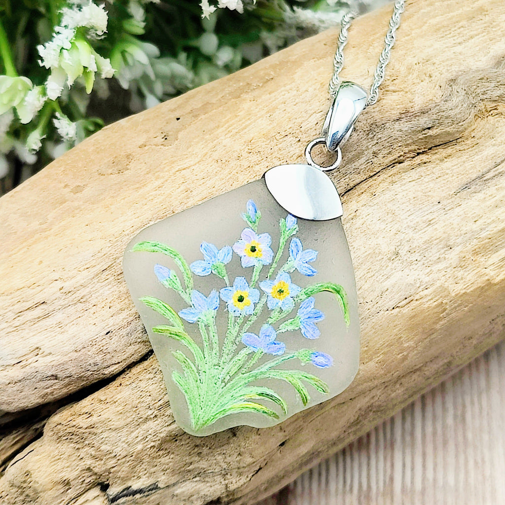 Hepburn and Hughes Hand Painted Sea Glass Pendant | Forget-me-nots | Sterling Silver