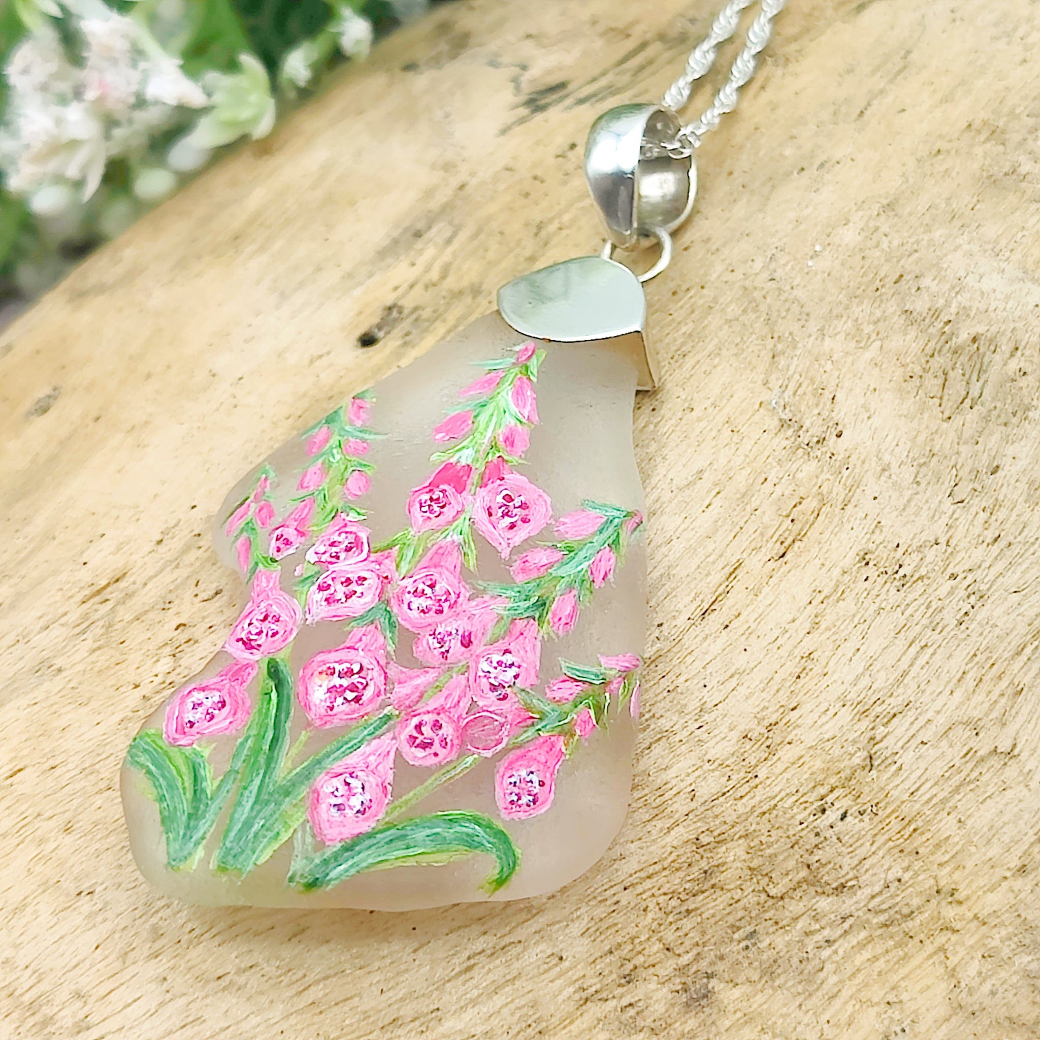 Hepburn and Hughes Hand Painted Sea Glass Pendant | Foxgloves | Sterling Silver