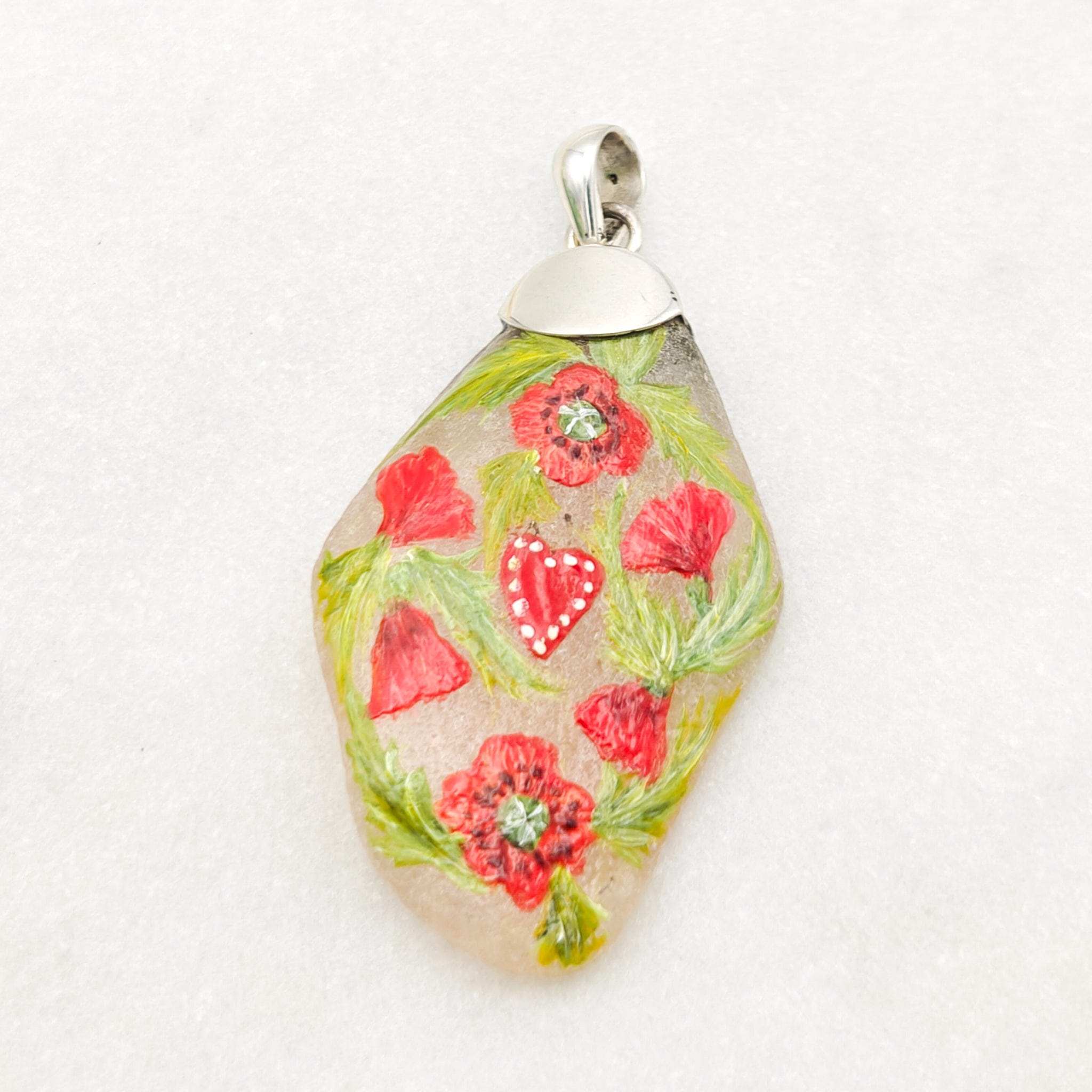 Hepburn and Hughes Hand Painted Sea Glass Pendant | Hearts and Flowers | Sterling Silver