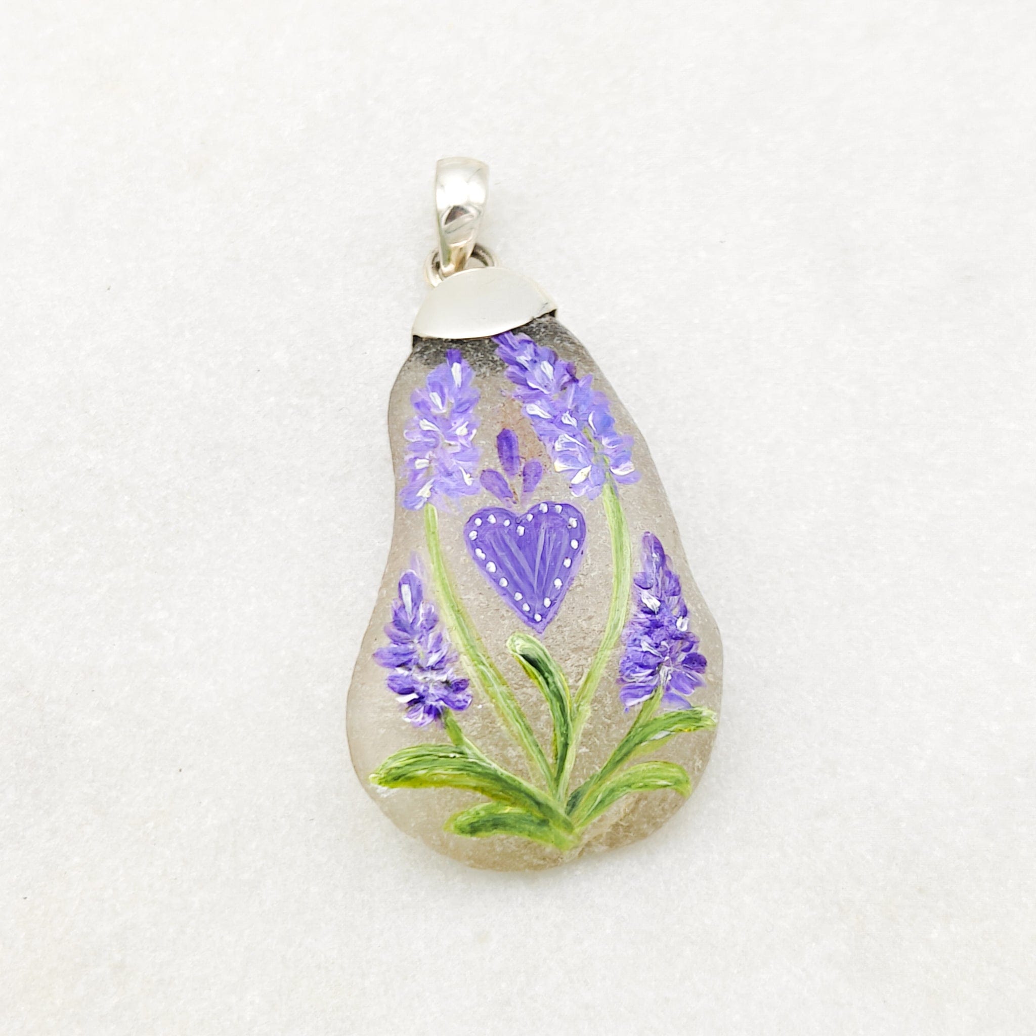 Hepburn and Hughes Hand Painted Sea Glass Pendant | Hearts and Flowers | Sterling Silver