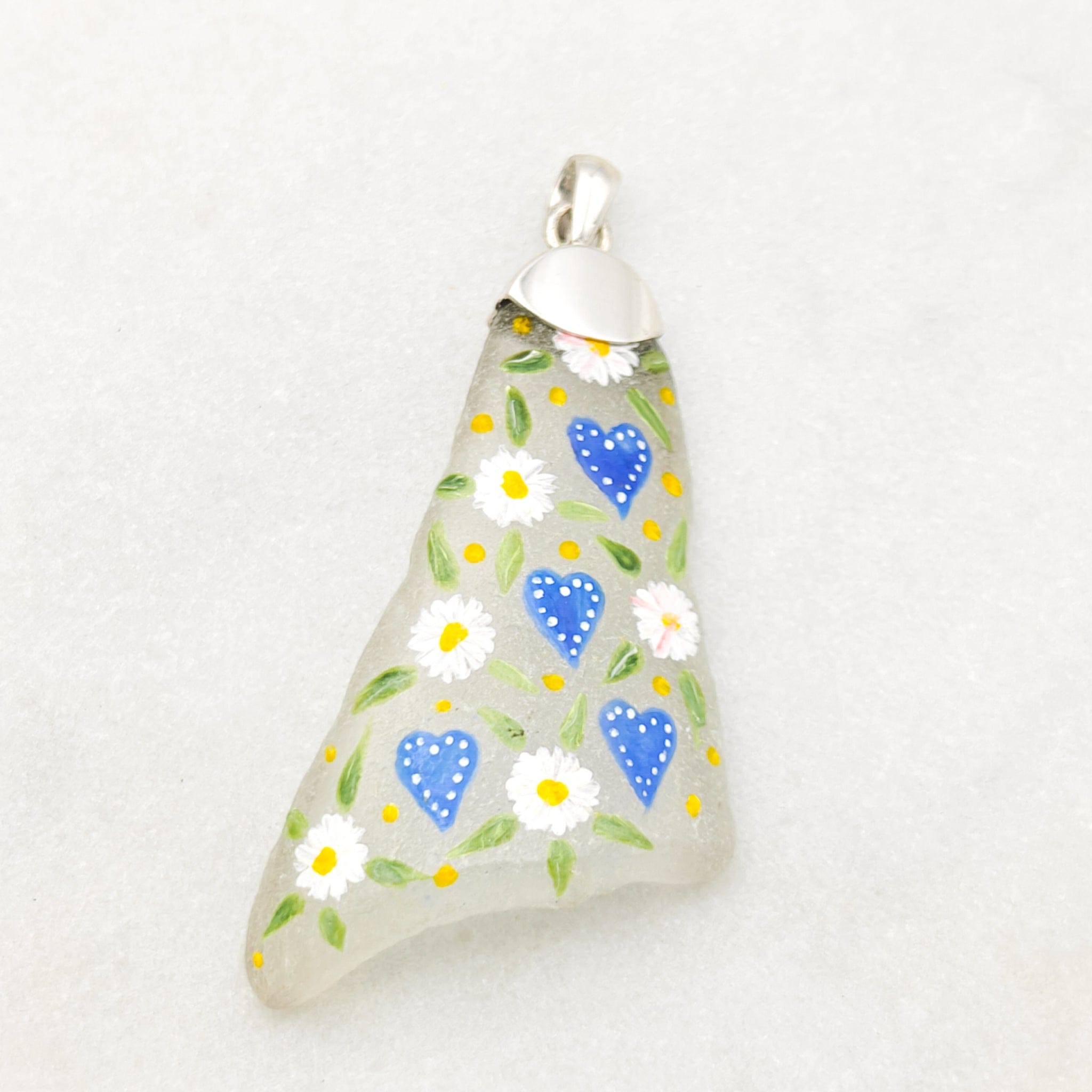 Hepburn and Hughes Hand Painted Sea Glass Pendant | Hearts and Flowers | Sterling Silver