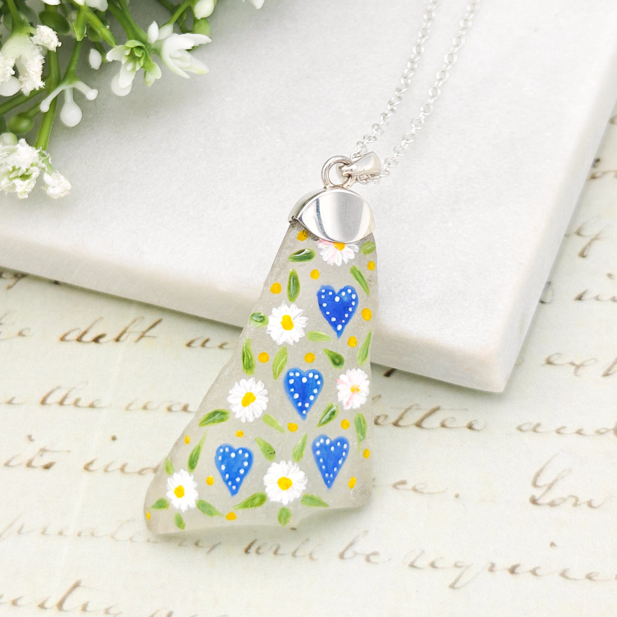 Hepburn and Hughes Hand Painted Sea Glass Pendant | Hearts and Flowers | Sterling Silver