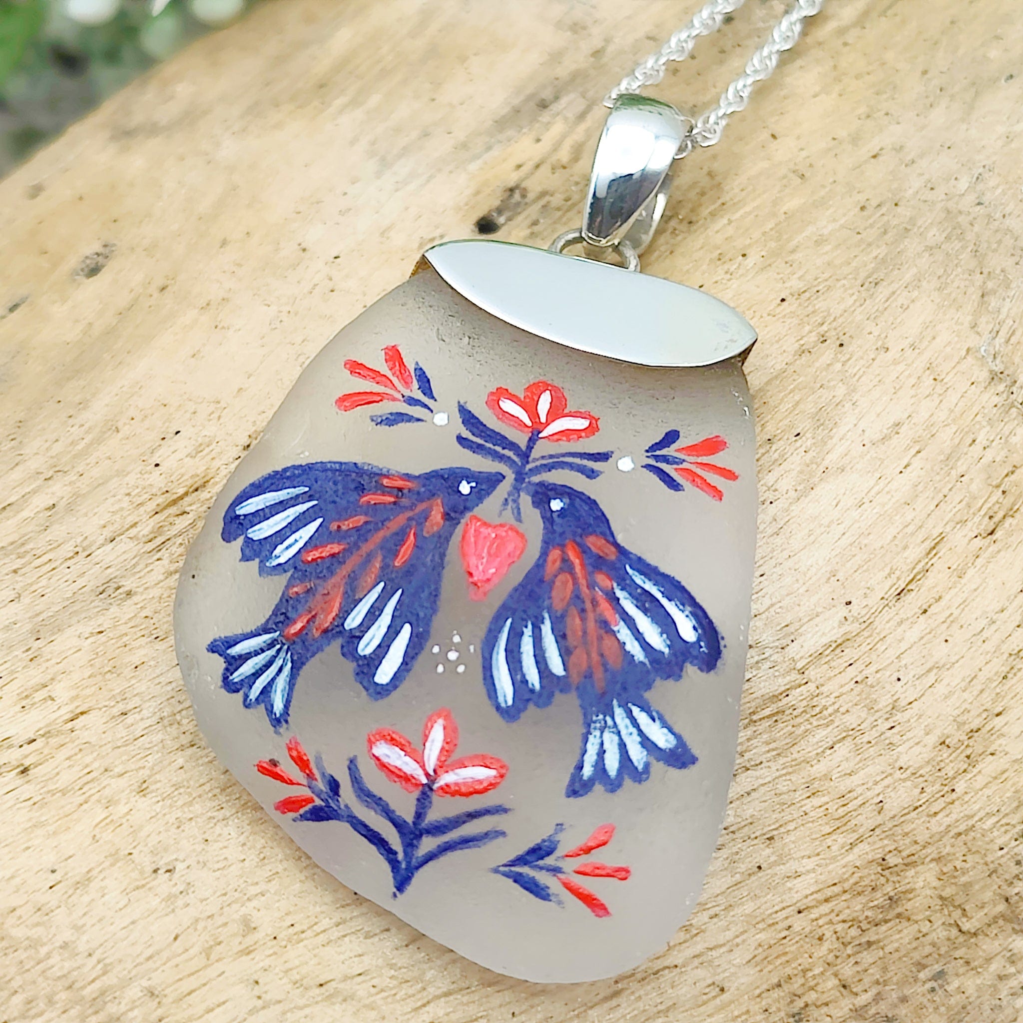 Hepburn and Hughes Hand Painted Sea Glass Pendant | Love-Birds | Sterling Silver