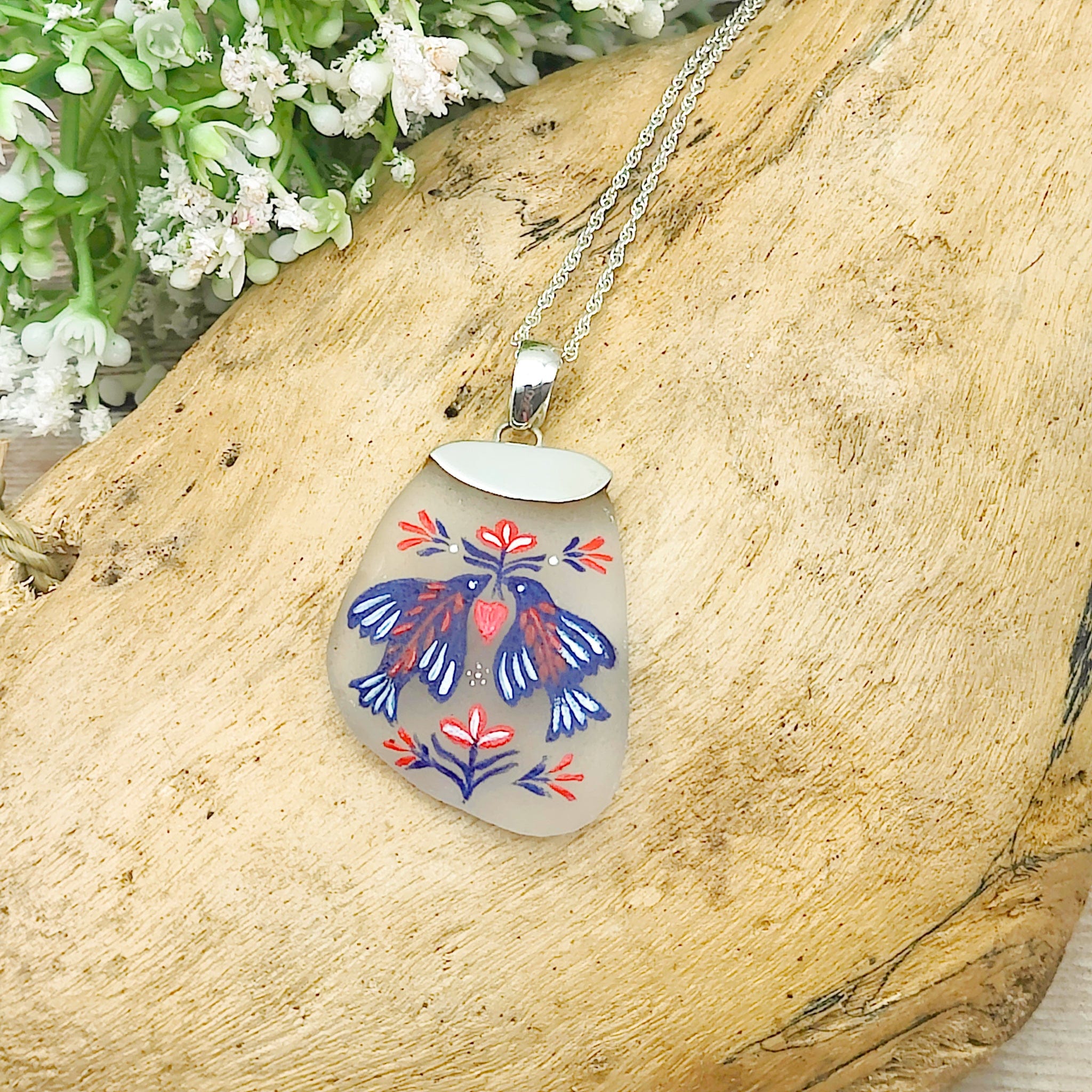 Hepburn and Hughes Hand Painted Sea Glass Pendant | Love-Birds | Sterling Silver