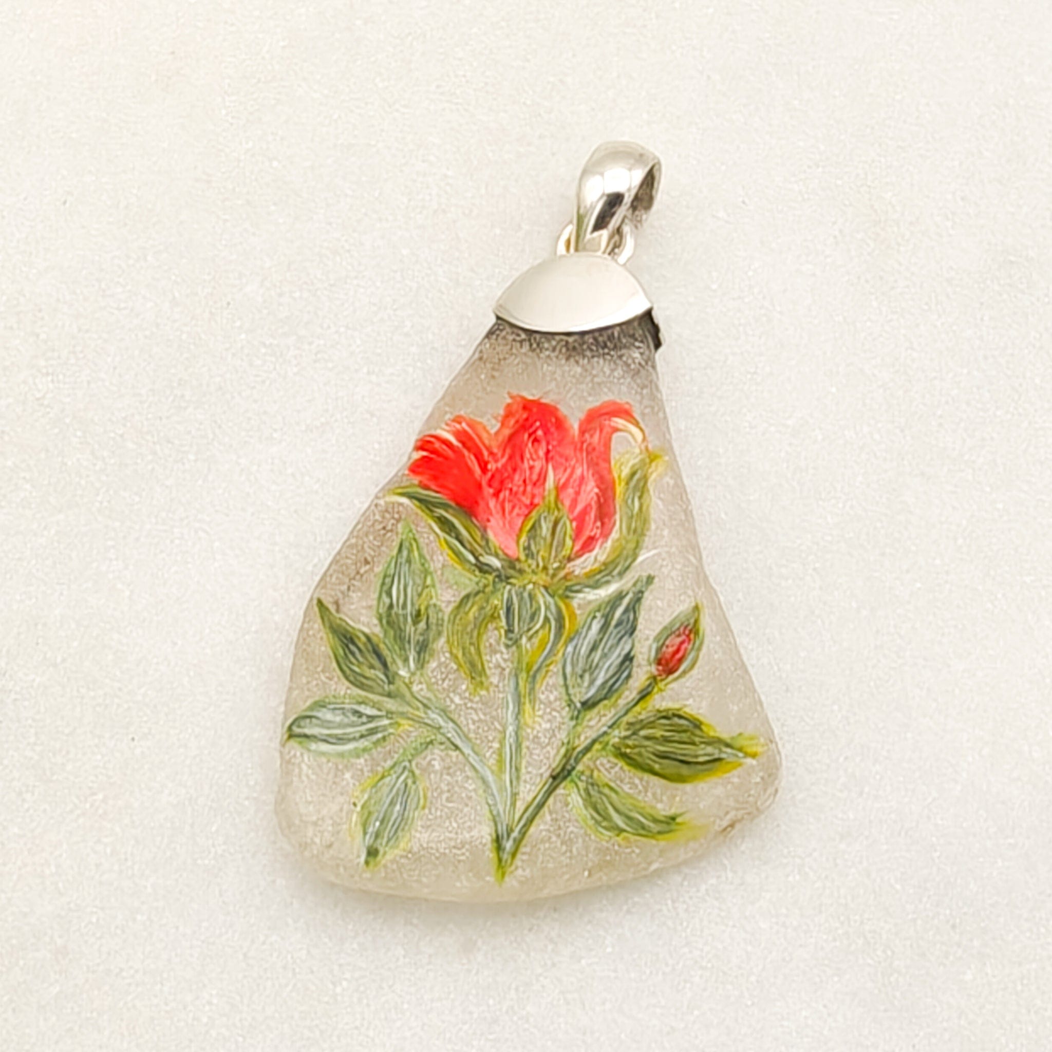Hepburn and Hughes Hand Painted Sea Glass Pendant | Red Rose | June Birth Flower | Sterling Silver