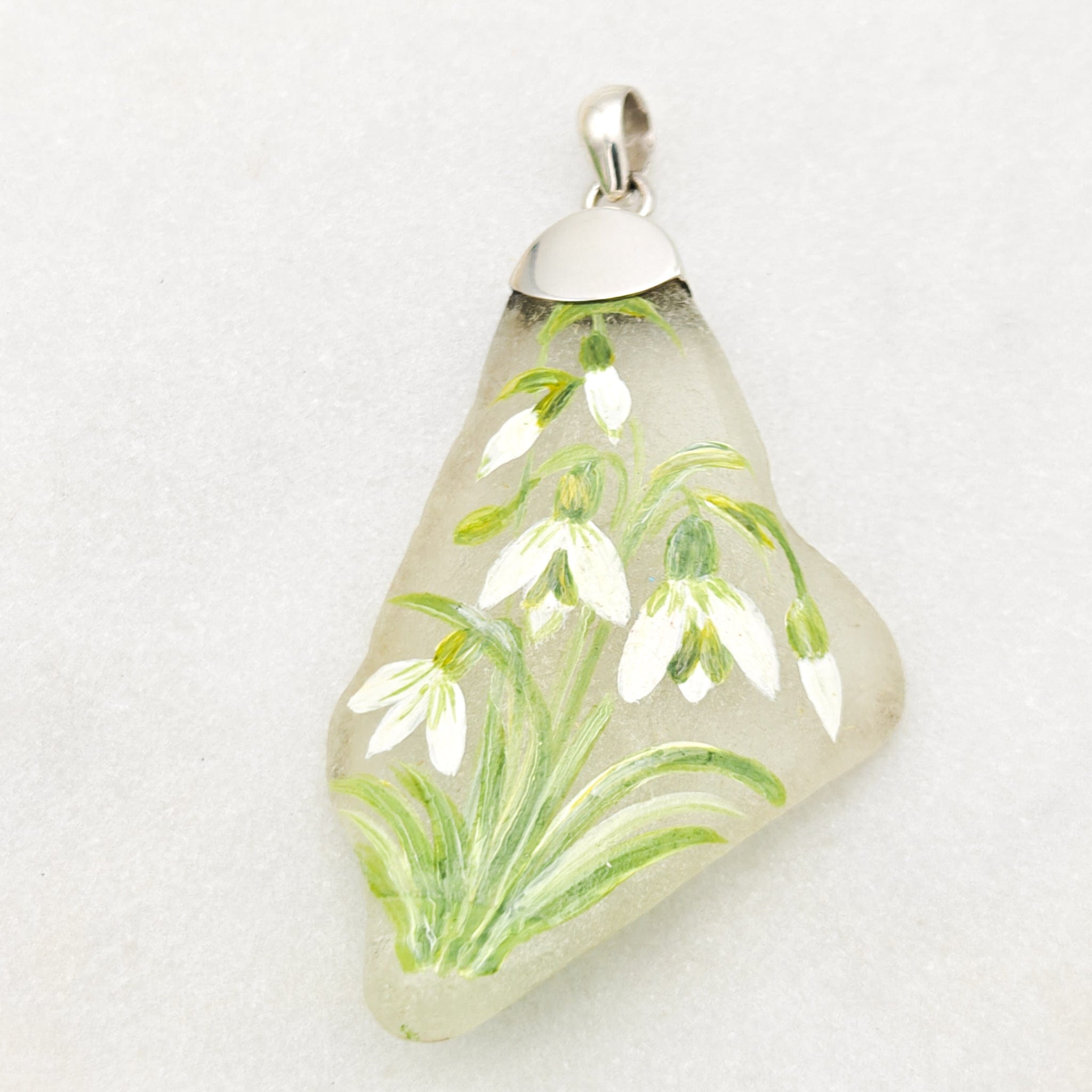 Hepburn and Hughes Hand Painted Sea Glass Pendant | Snowdrops | January Birth Flower | Sterling Silver