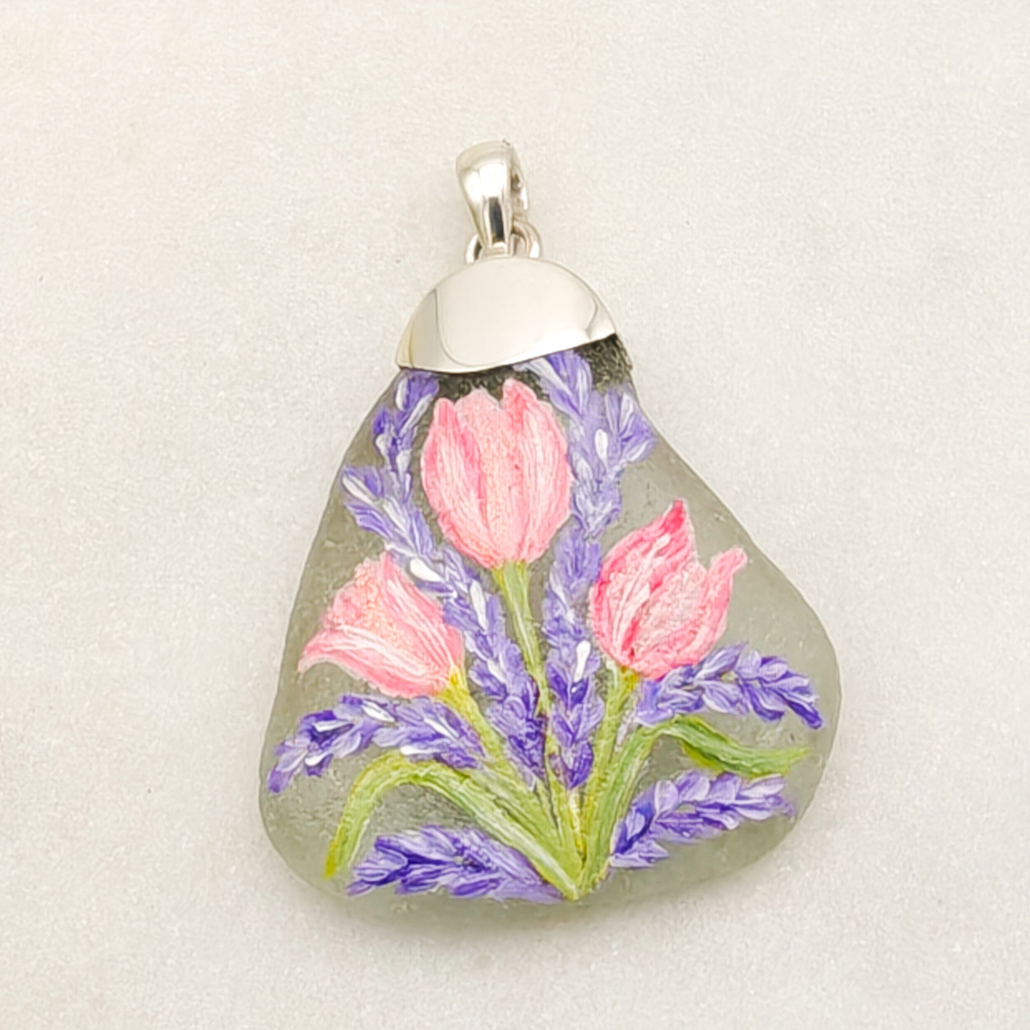 Hepburn and Hughes Hand Painted Sea Glass Pendant | Tulips | April Birth Flower | Sterling Silver