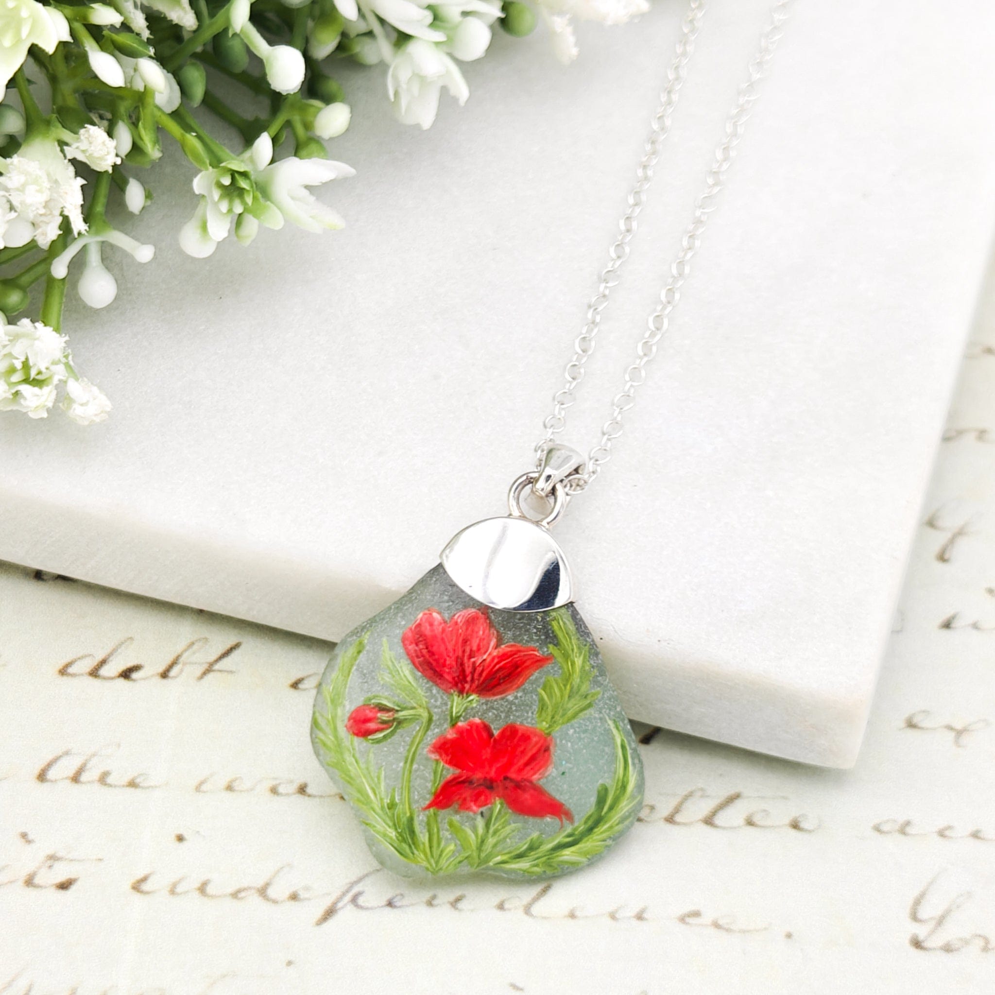 Hepburn and Hughes Hand Painted Sea Glass Pendant | Wild Poppy | 3 Options | Sterling Silver
