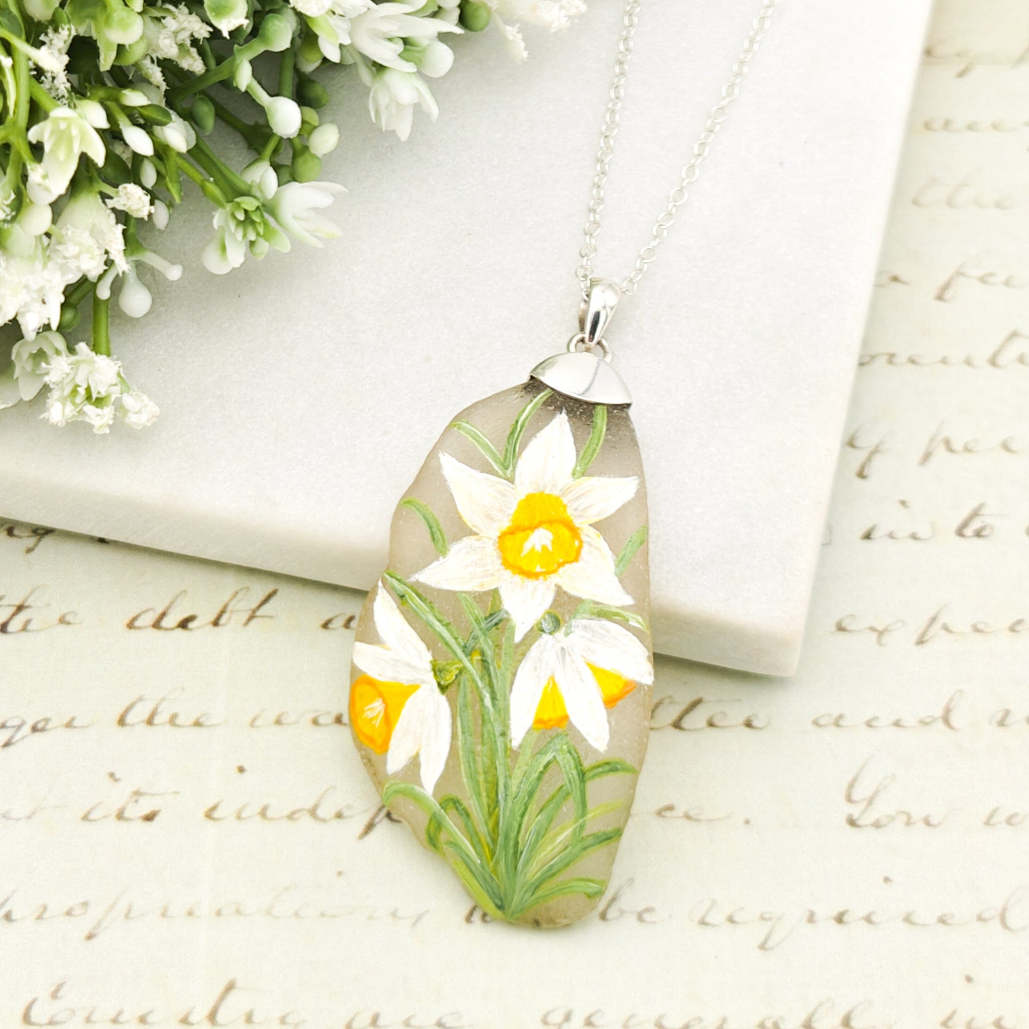 Hepburn and Hughes Hand Painted Sea Glass Pendant | Wildflowers | Botanical Gift | Sterling Silver