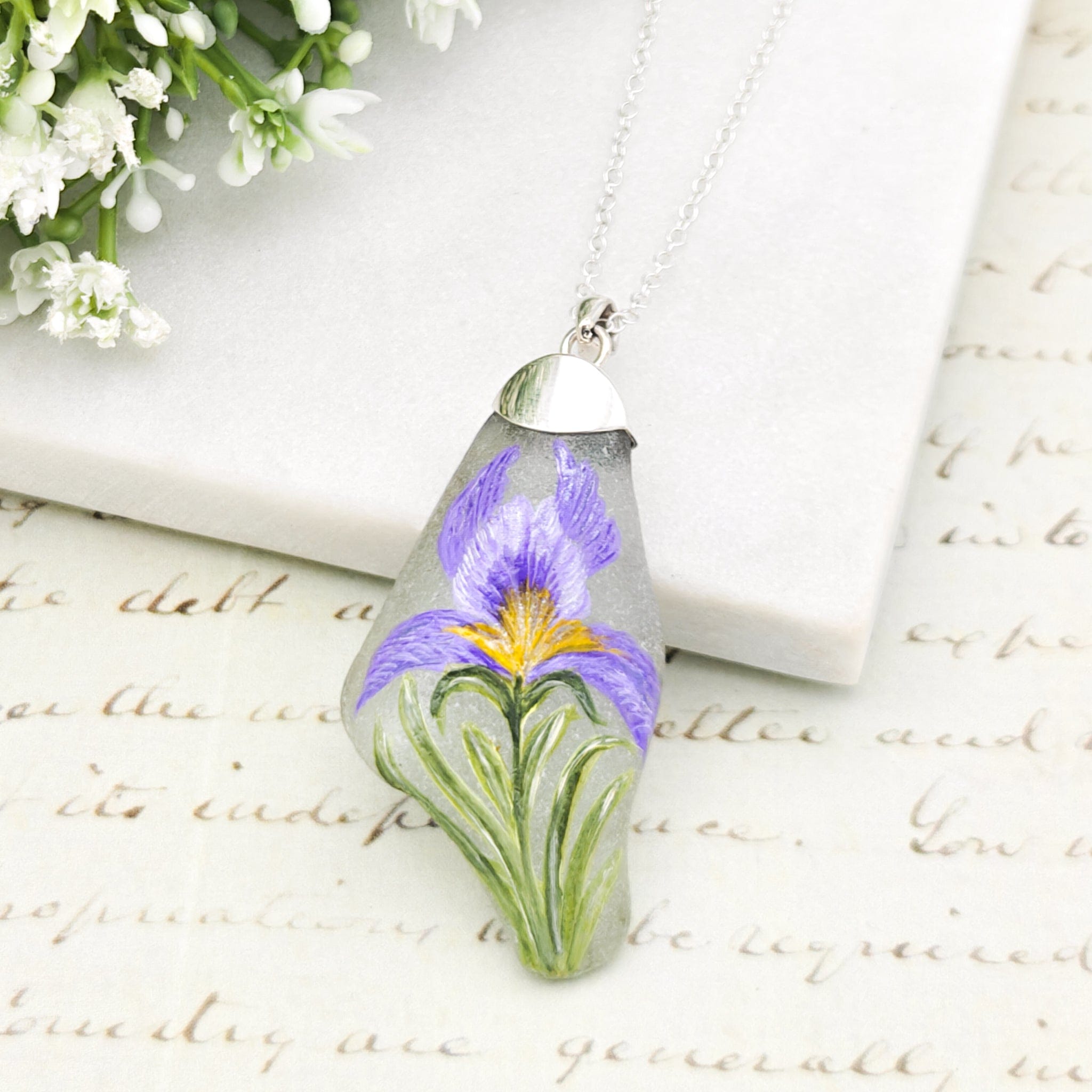 Hepburn and Hughes Hand Painted Sea Glass Pendant | Wildflowers | Botanical Gift | Sterling Silver