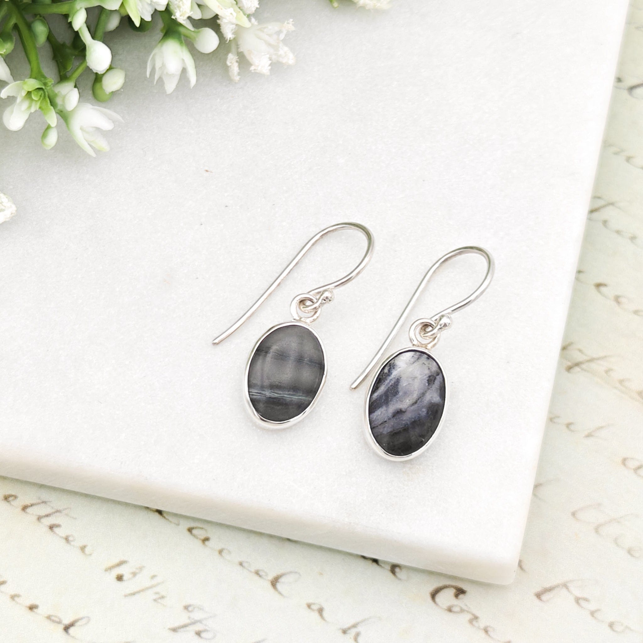 Hepburn and Hughes Isle of Skye Marble Earrings | Scottish Gift | 10mm Oval | Sterling Silve