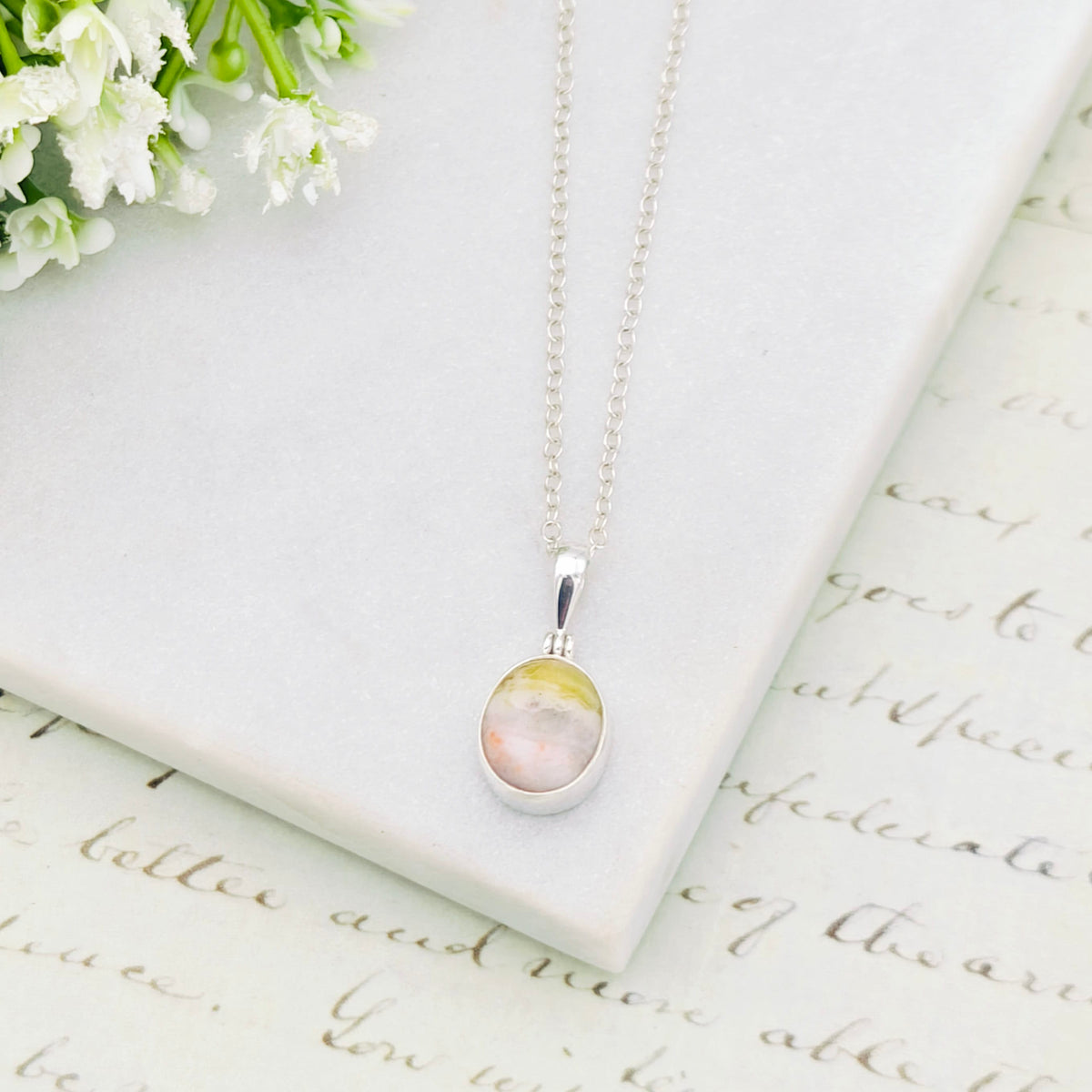 Hepburn and Hughes Isle of Skye Marble Pendant in Sterling Silver | Scottish Gift | 13mm Pink Tone Oval