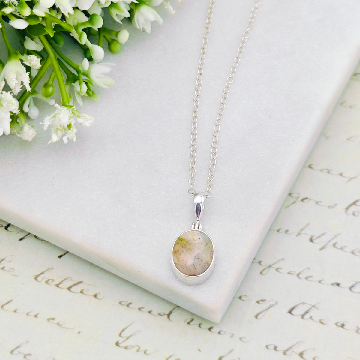 Hepburn and Hughes Isle of Skye Marble Pendant in Sterling Silver | Scottish Gift | 13mm Pink Tone Oval